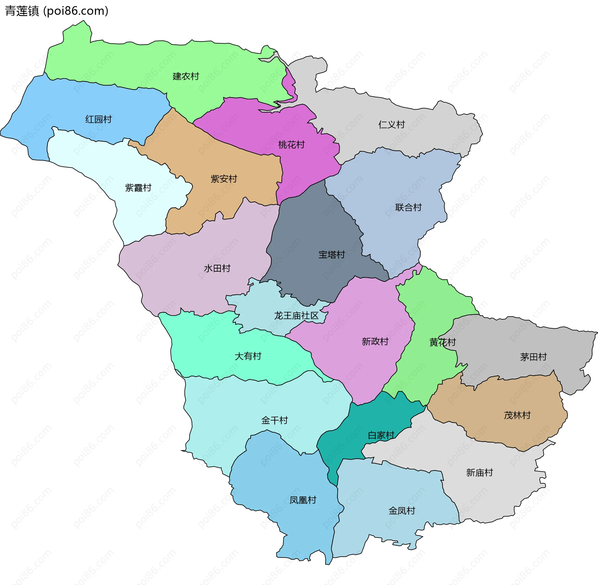 青莲镇边界地图(五级行政区划)