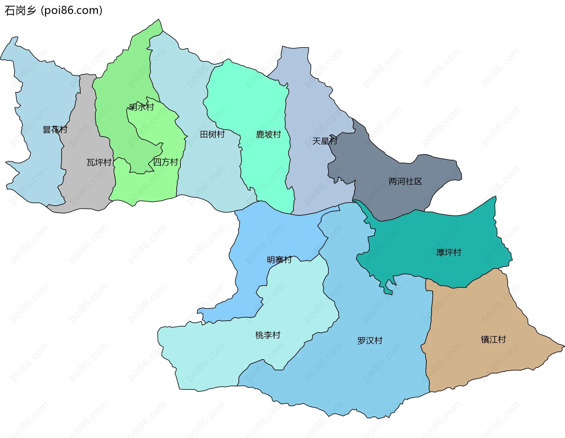 石岗乡边界地图(五级行政区划)