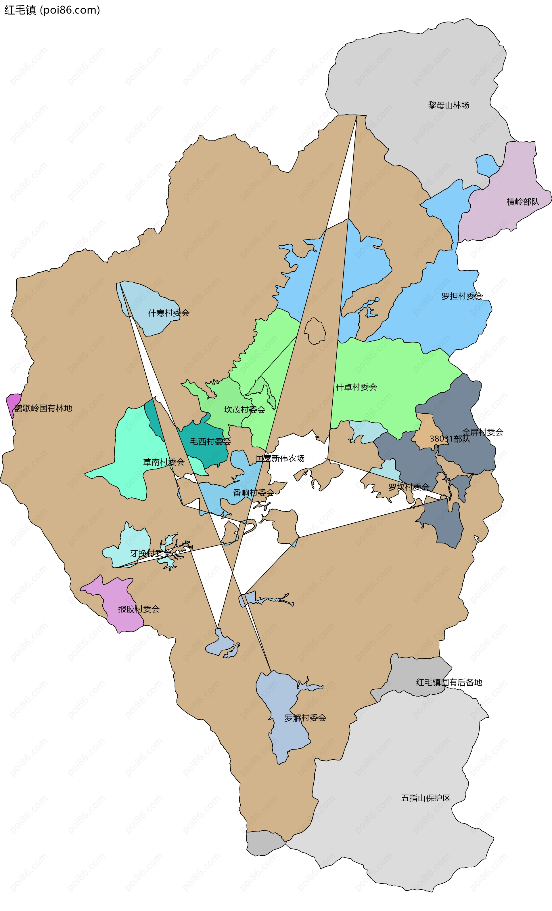 红毛镇边界地图(五级行政区划)