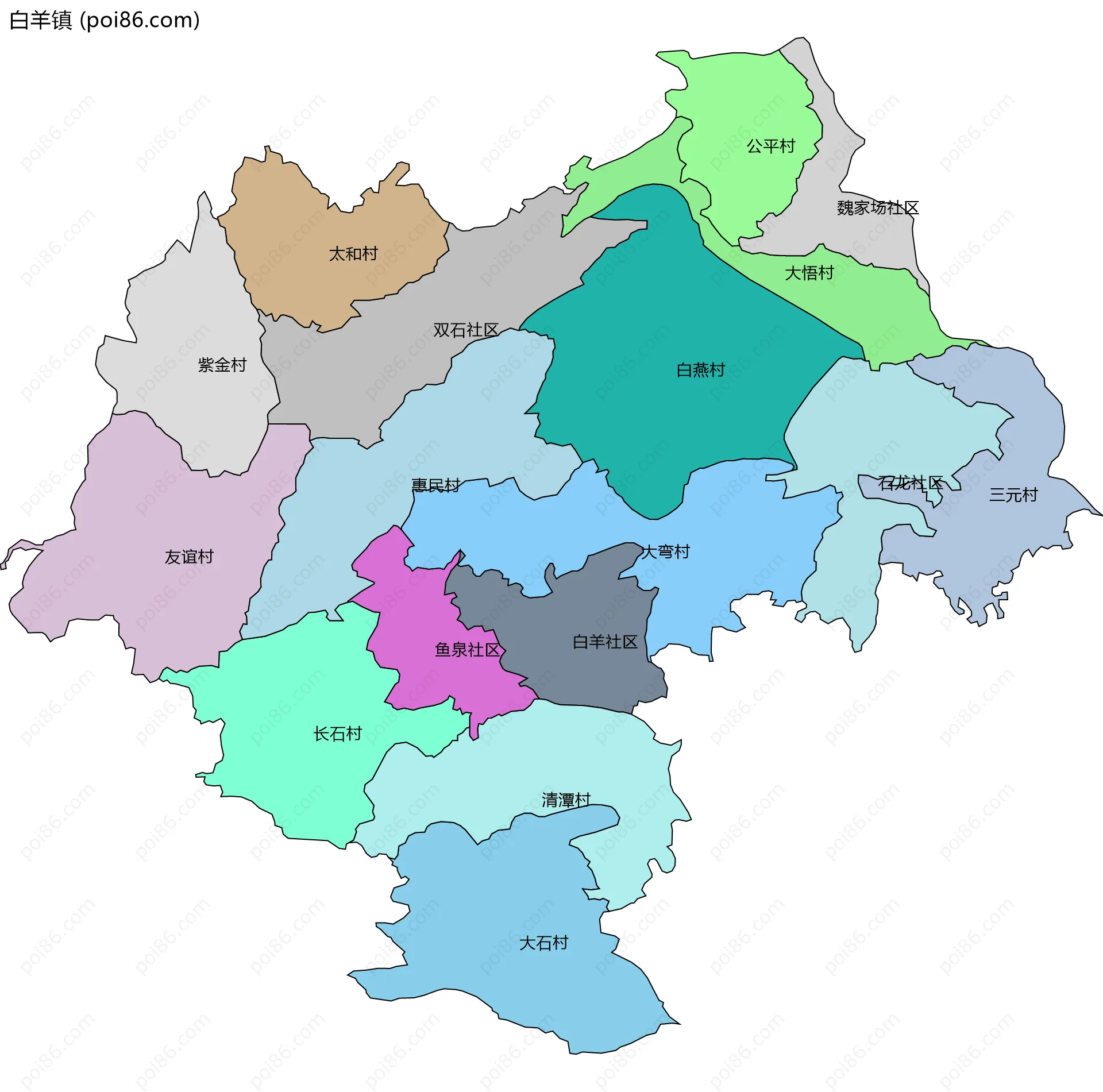 白羊镇边界地图(五级行政区划)