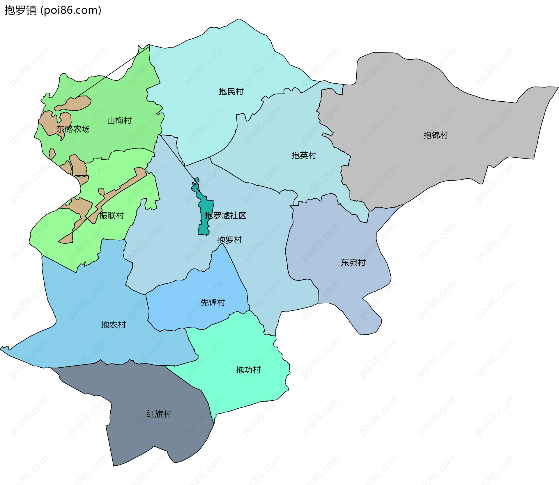 抱罗镇边界地图(五级行政区划)