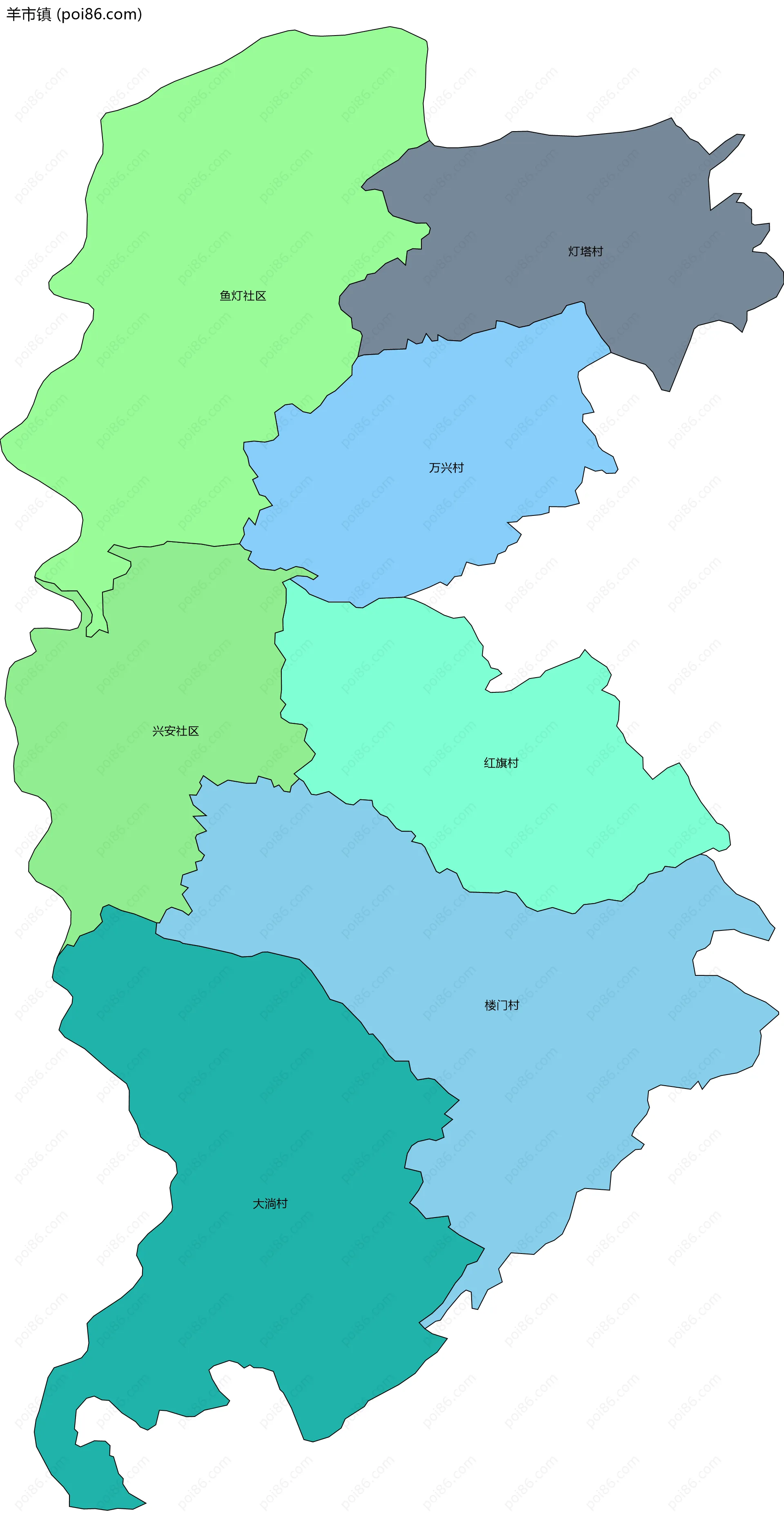 羊市镇边界地图(五级行政区划)