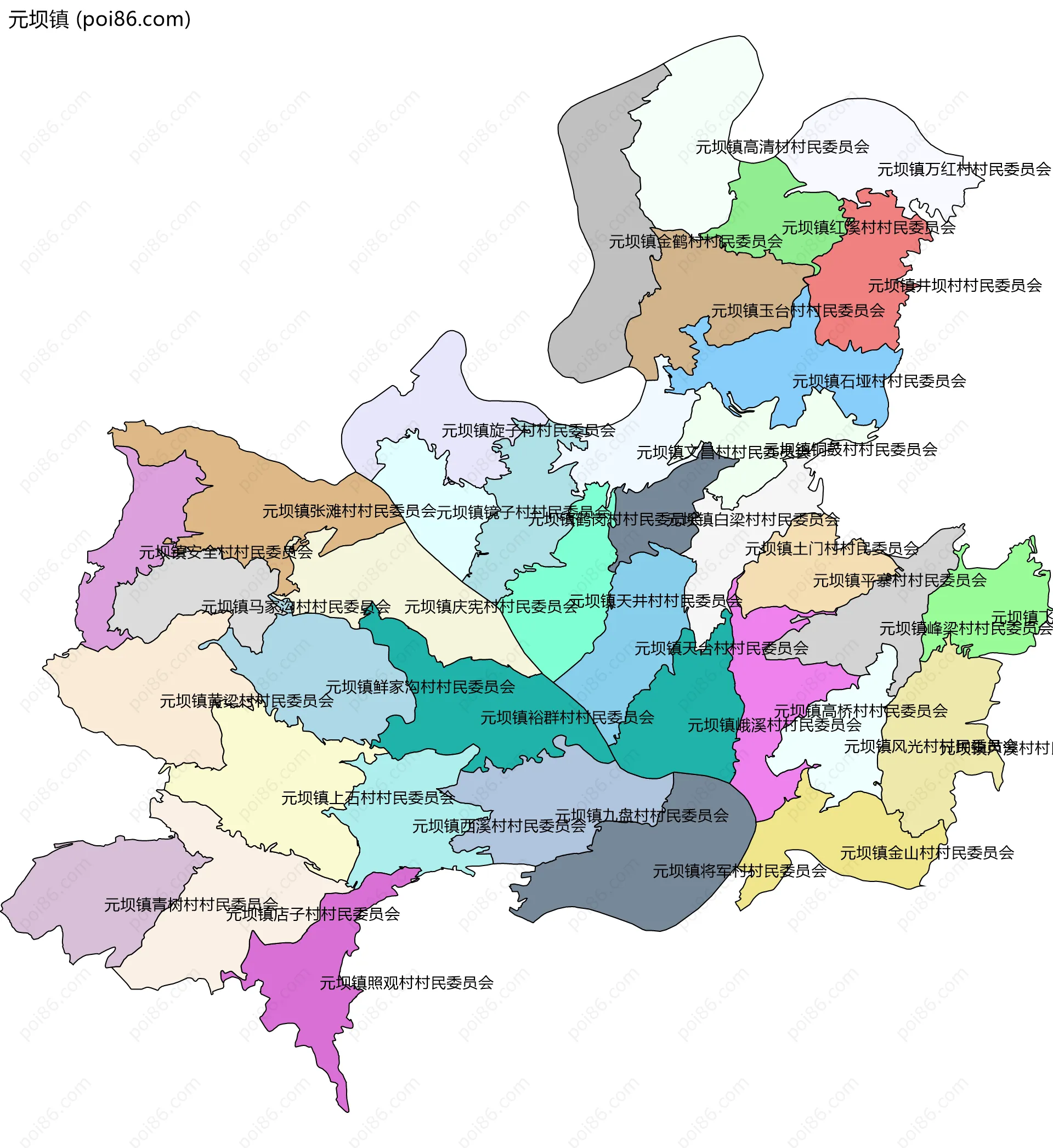 元坝镇边界地图(五级行政区划)