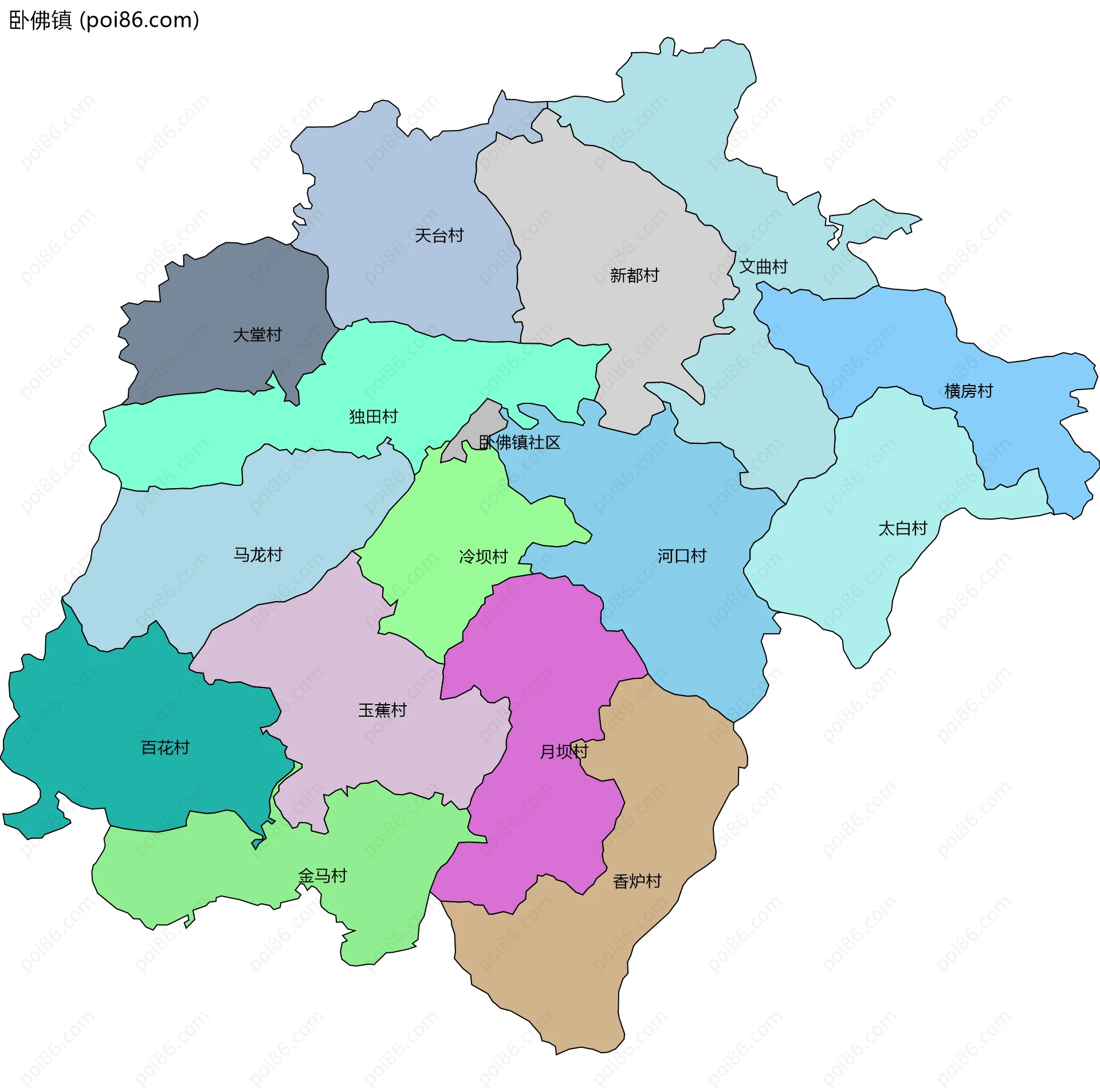 卧佛镇边界地图(五级行政区划)