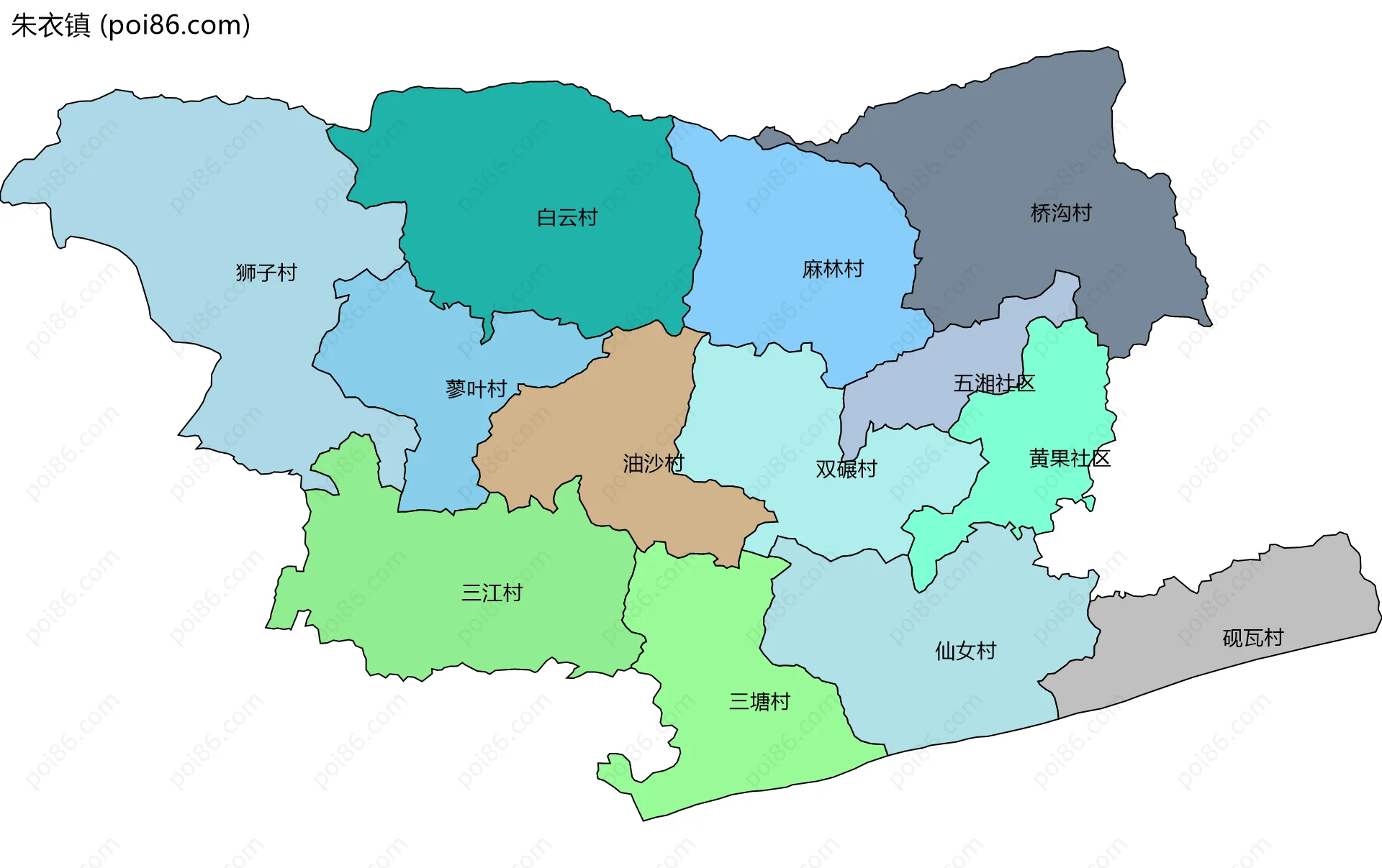 朱衣镇边界地图(五级行政区划)