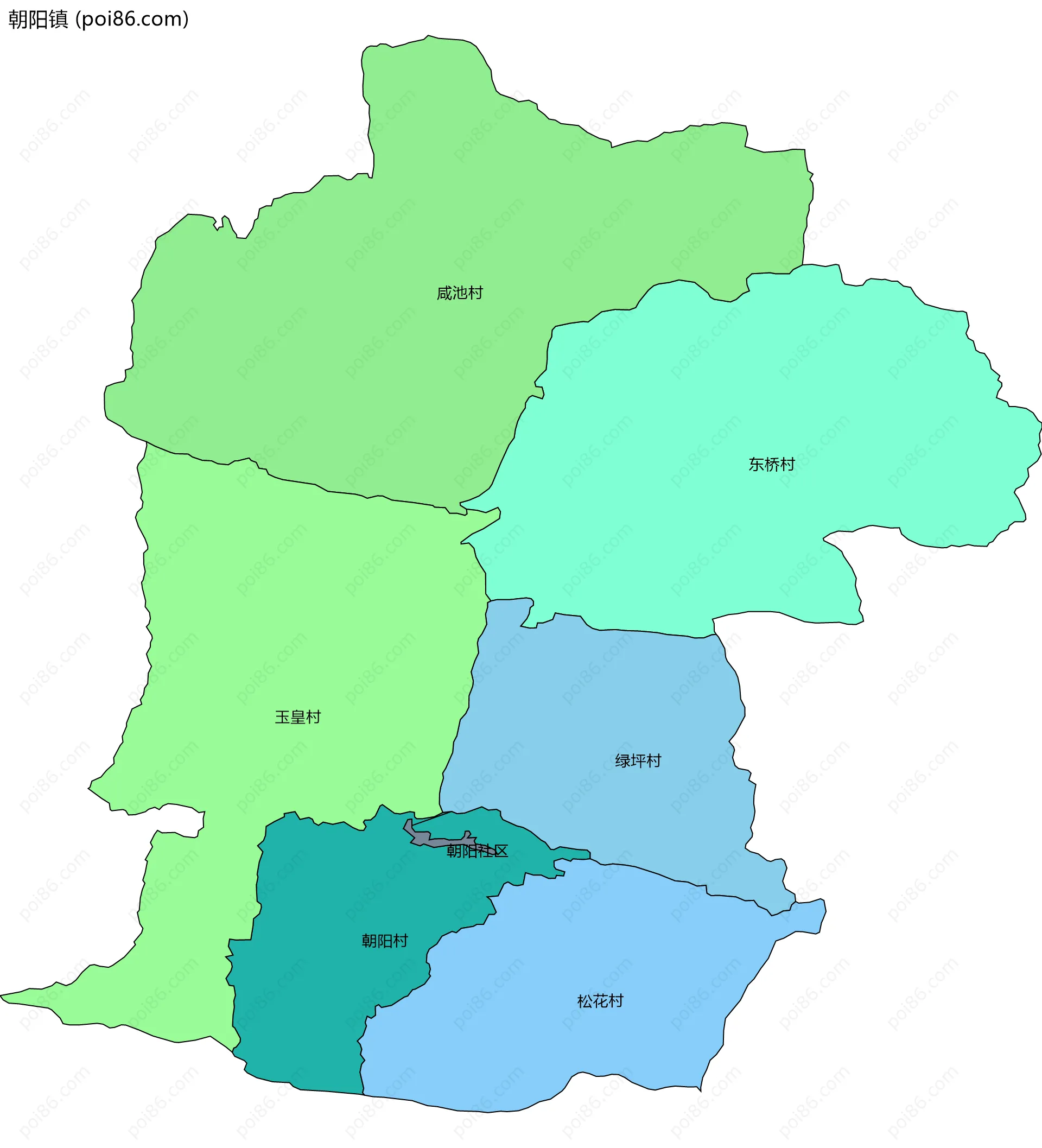 朝阳镇边界地图(五级行政区划)