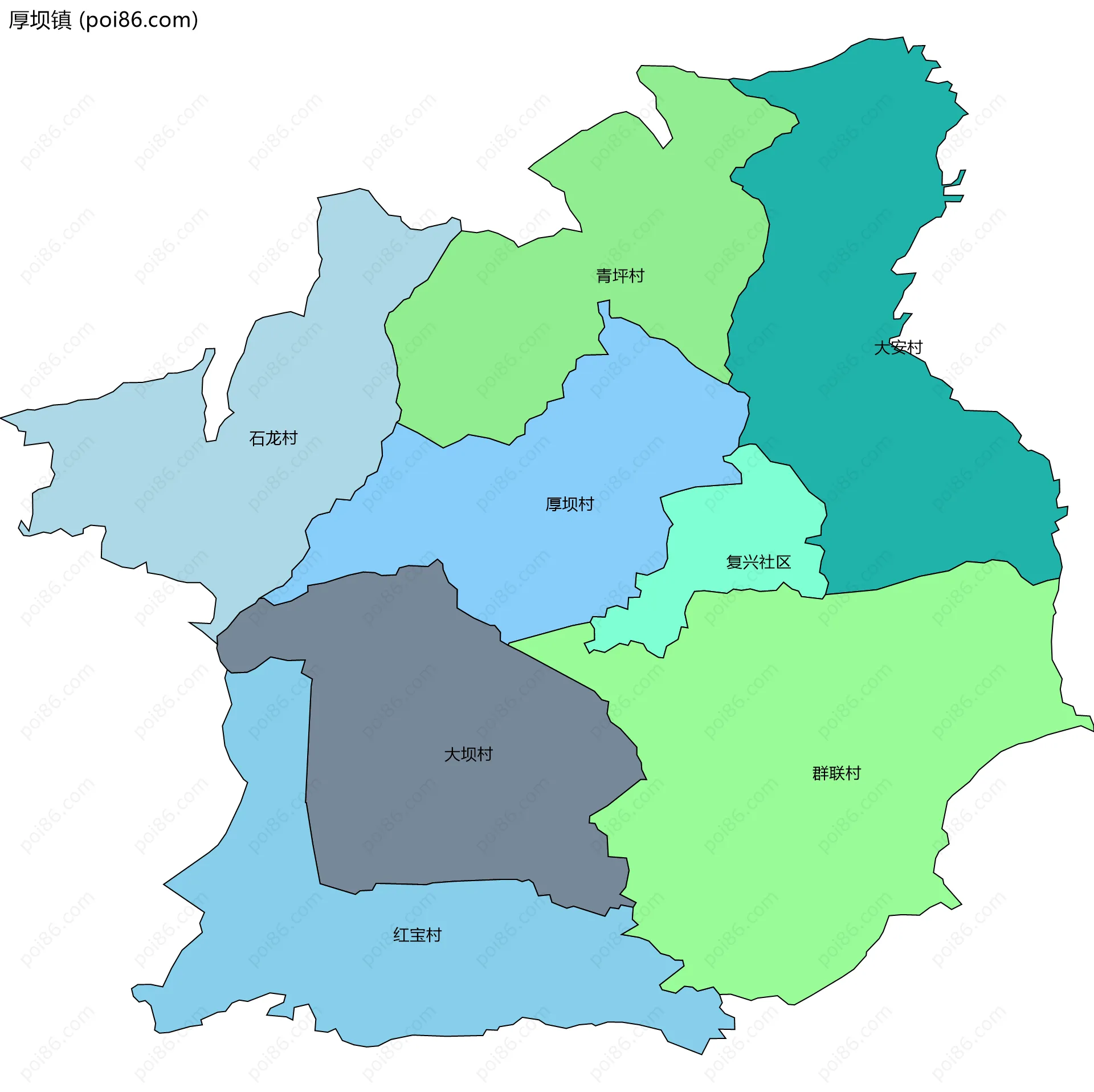 厚坝镇边界地图(五级行政区划)