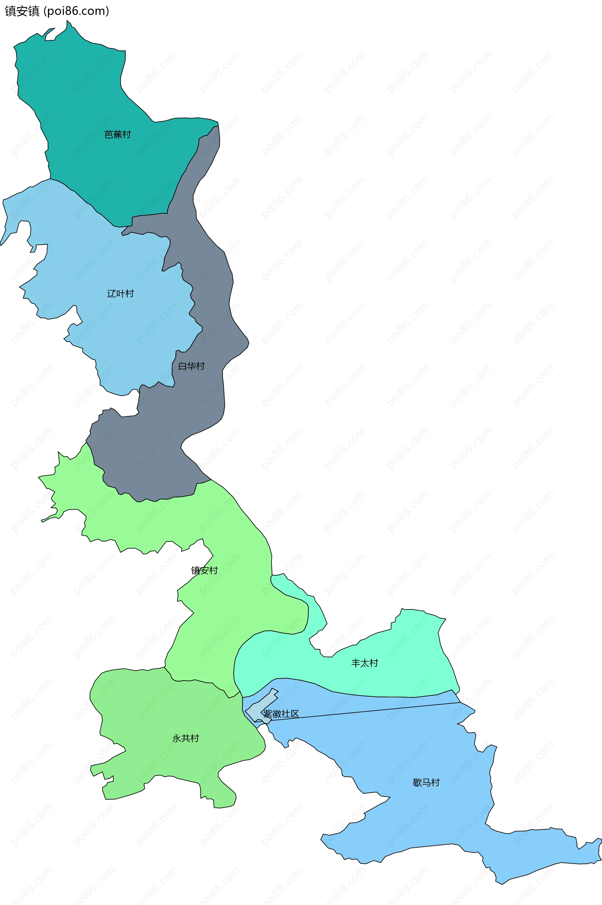 镇安镇边界地图(五级行政区划)