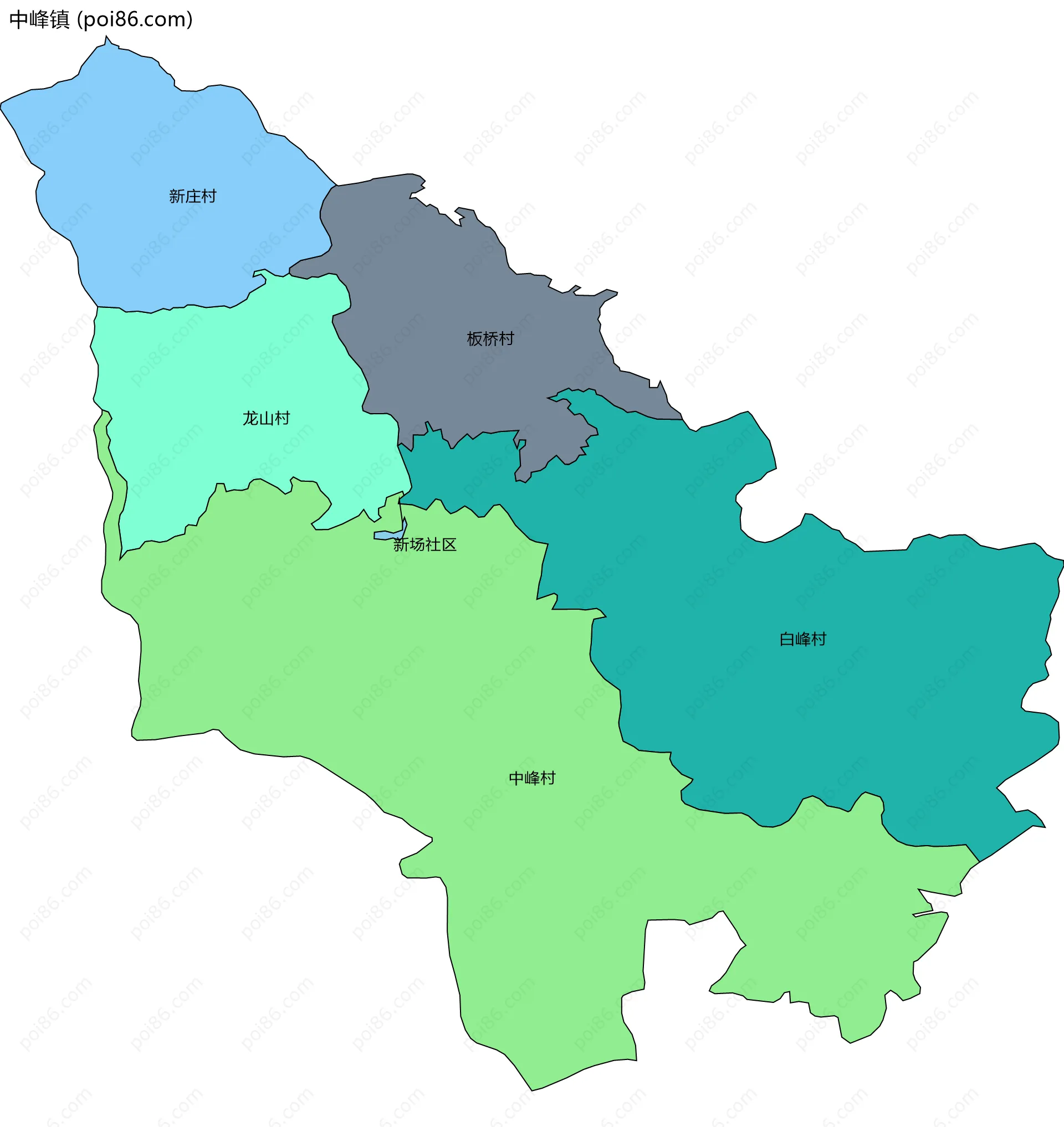 中峰镇边界地图(五级行政区划)