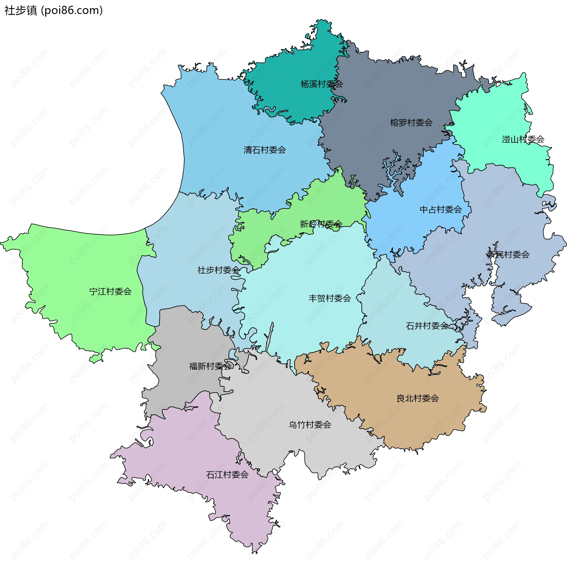 社步镇边界地图(五级行政区划)