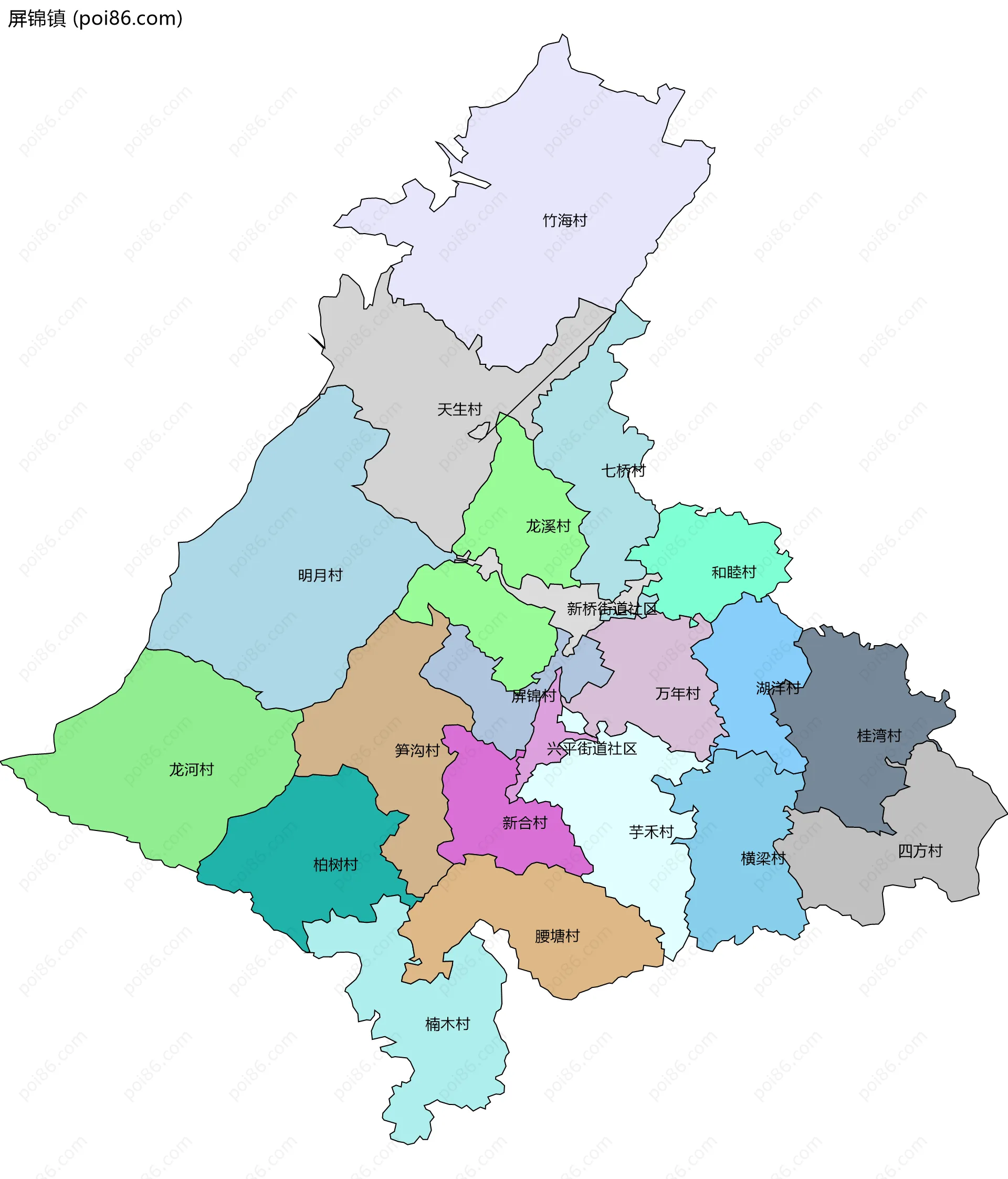 屏锦镇边界地图(五级行政区划)