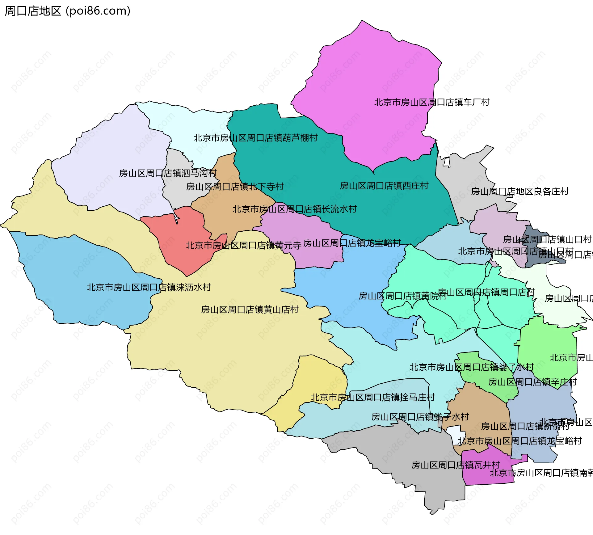 周口店地区边界地图(五级行政区划)