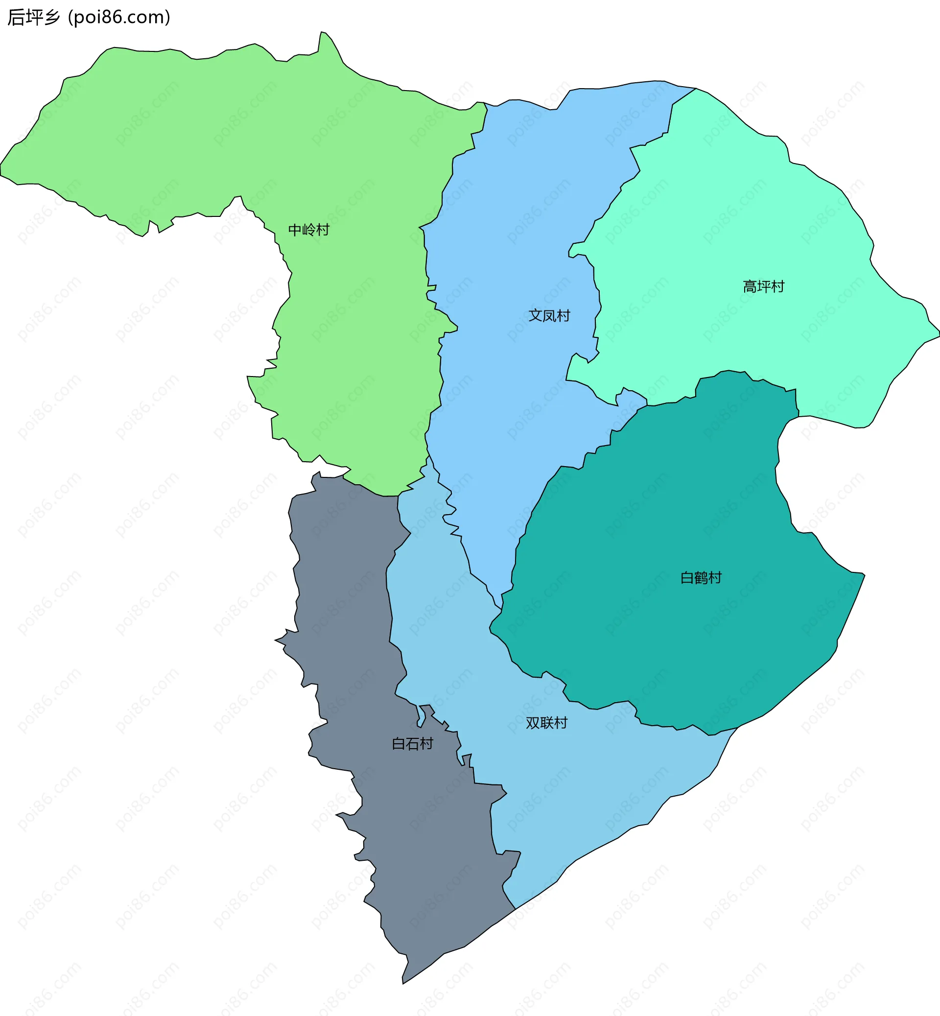 后坪乡边界地图(五级行政区划)