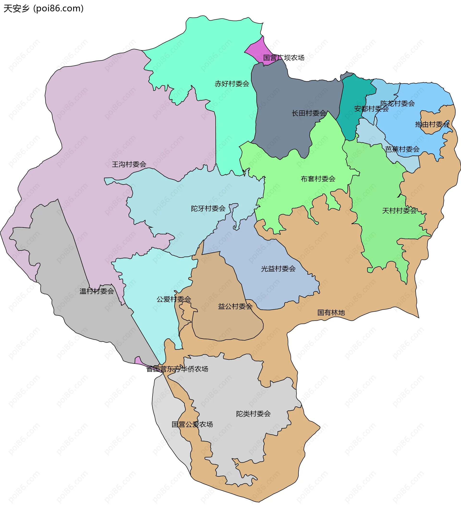 天安乡边界地图(五级行政区划)