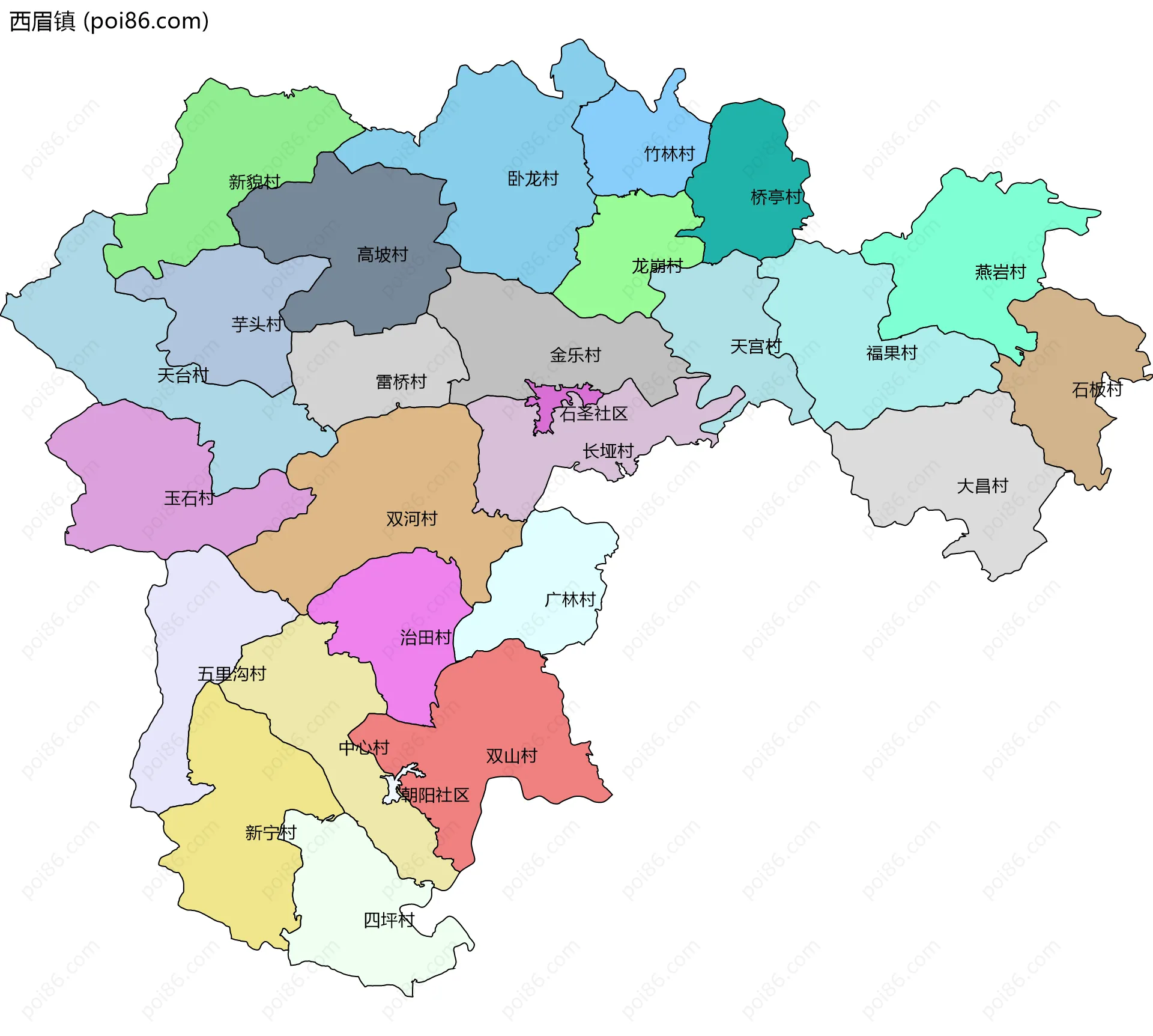 西眉镇边界地图(五级行政区划)