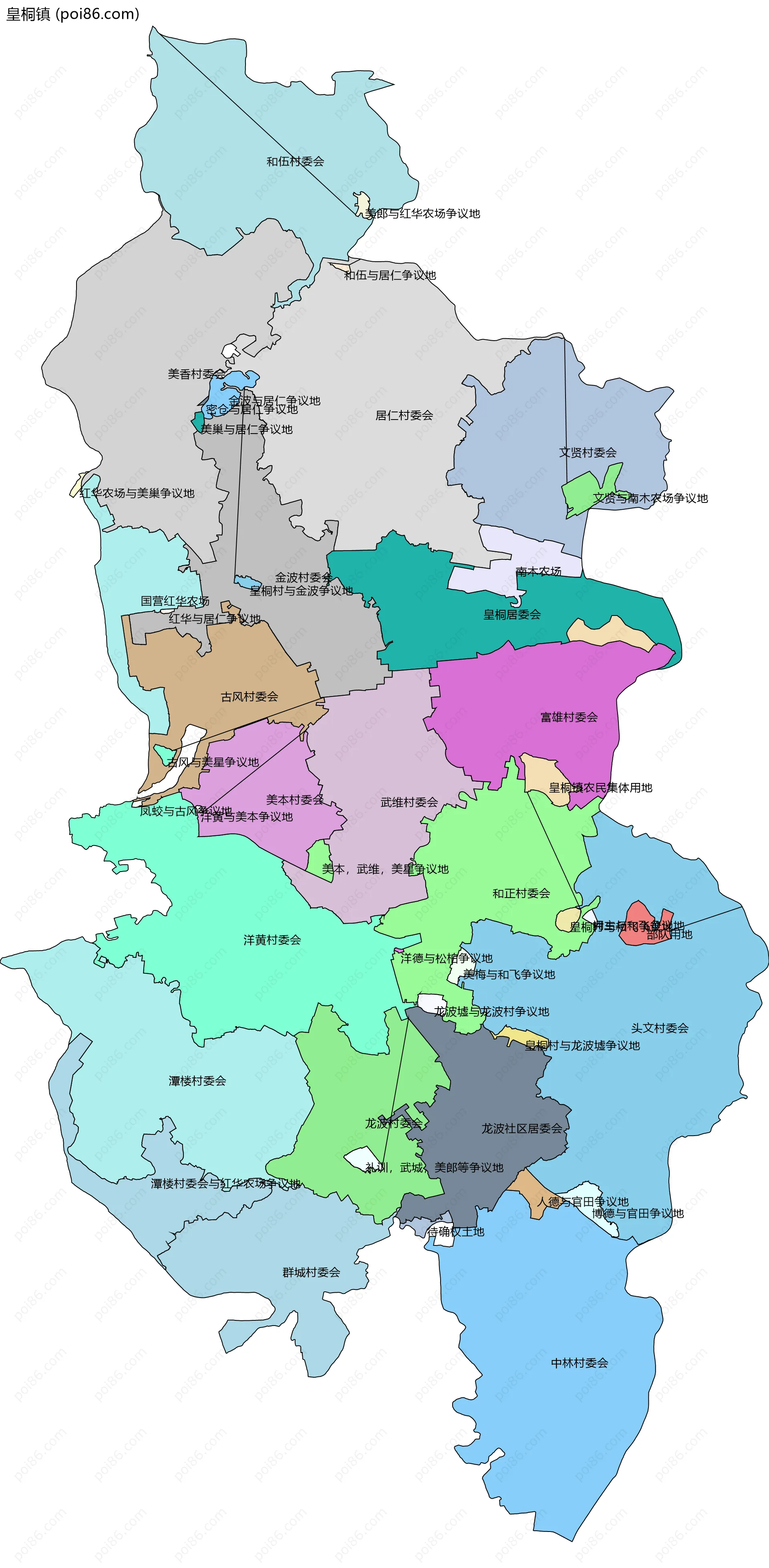 皇桐镇边界地图(五级行政区划)