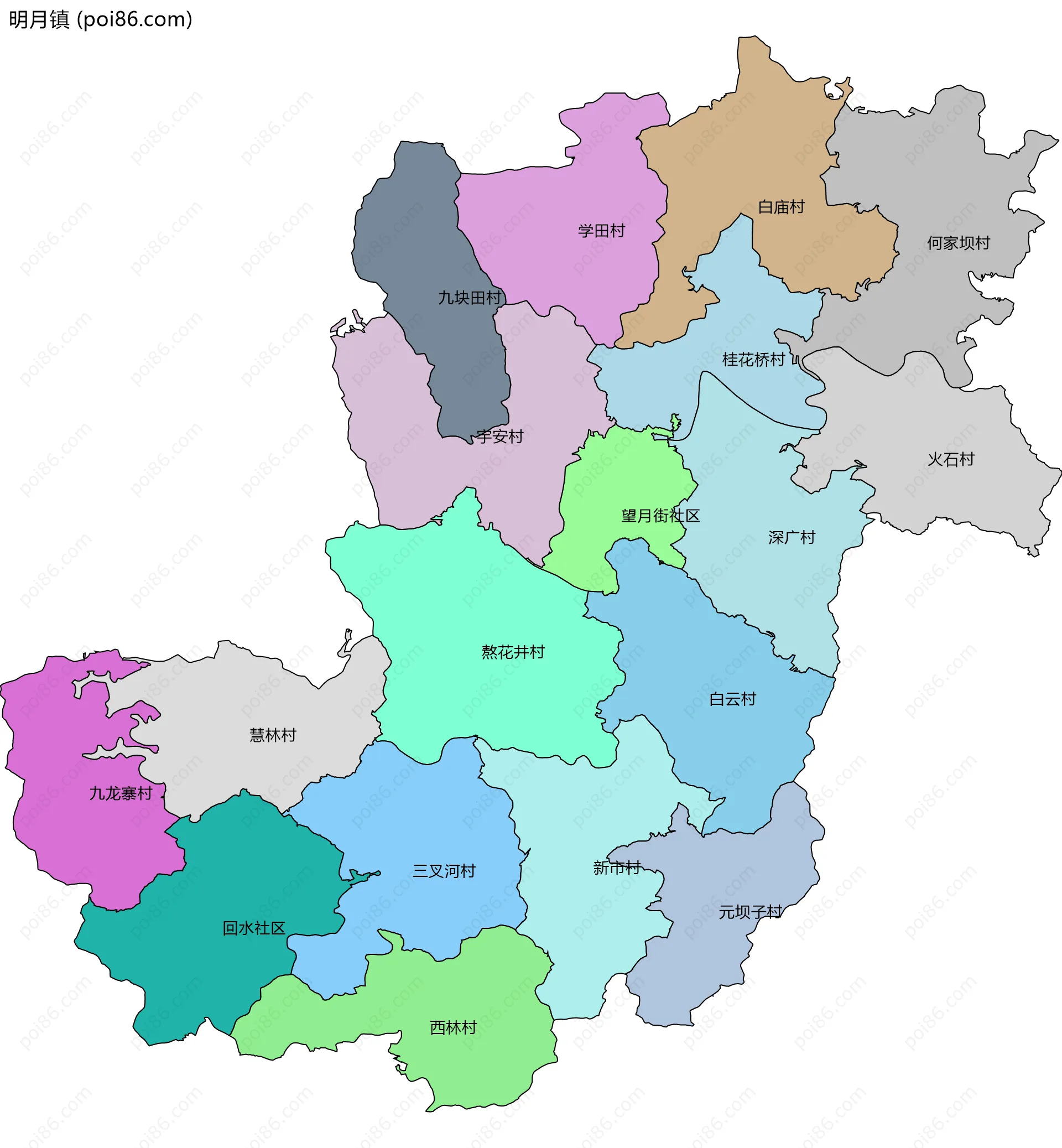 明月镇边界地图(五级行政区划)