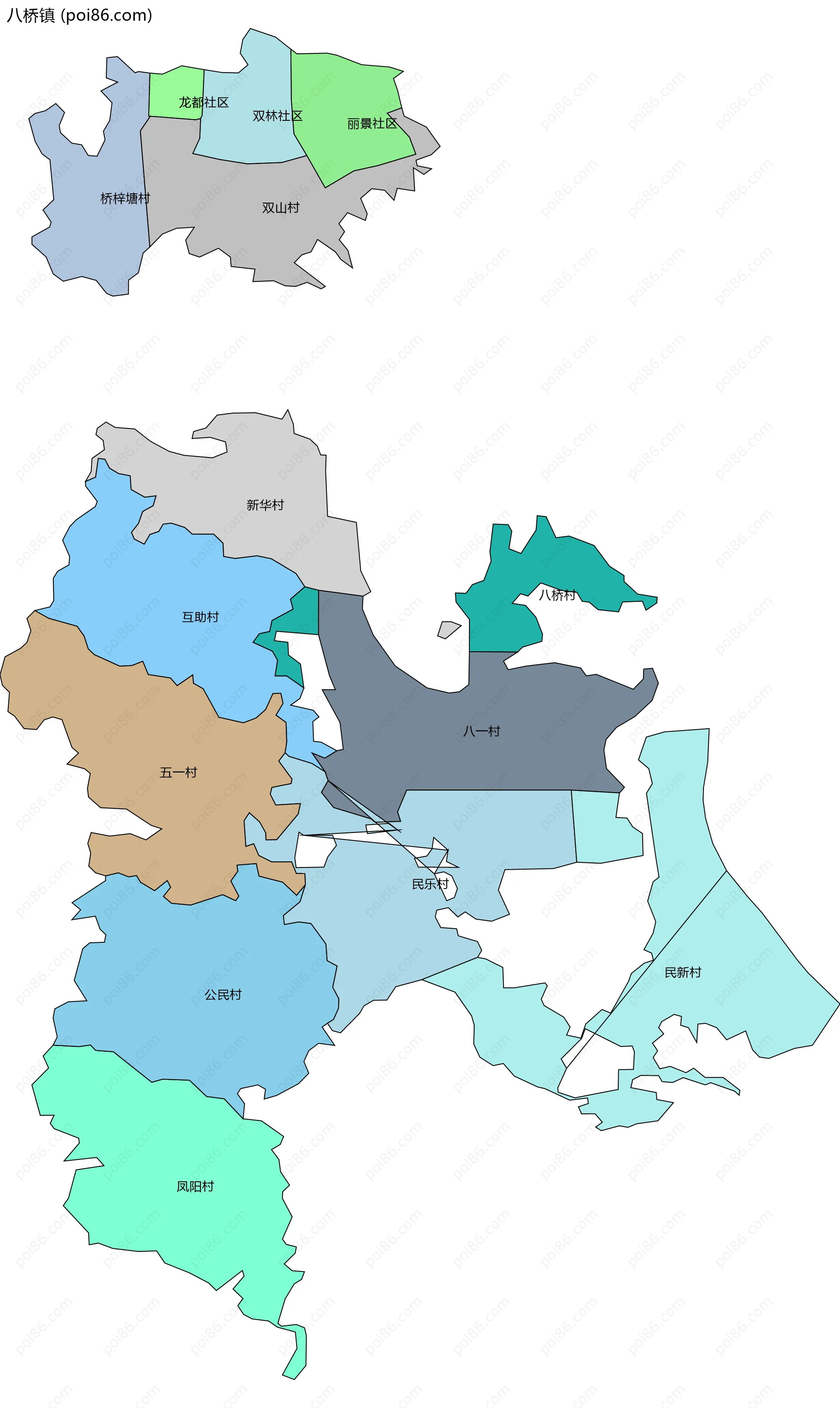 八桥镇边界地图(五级行政区划)