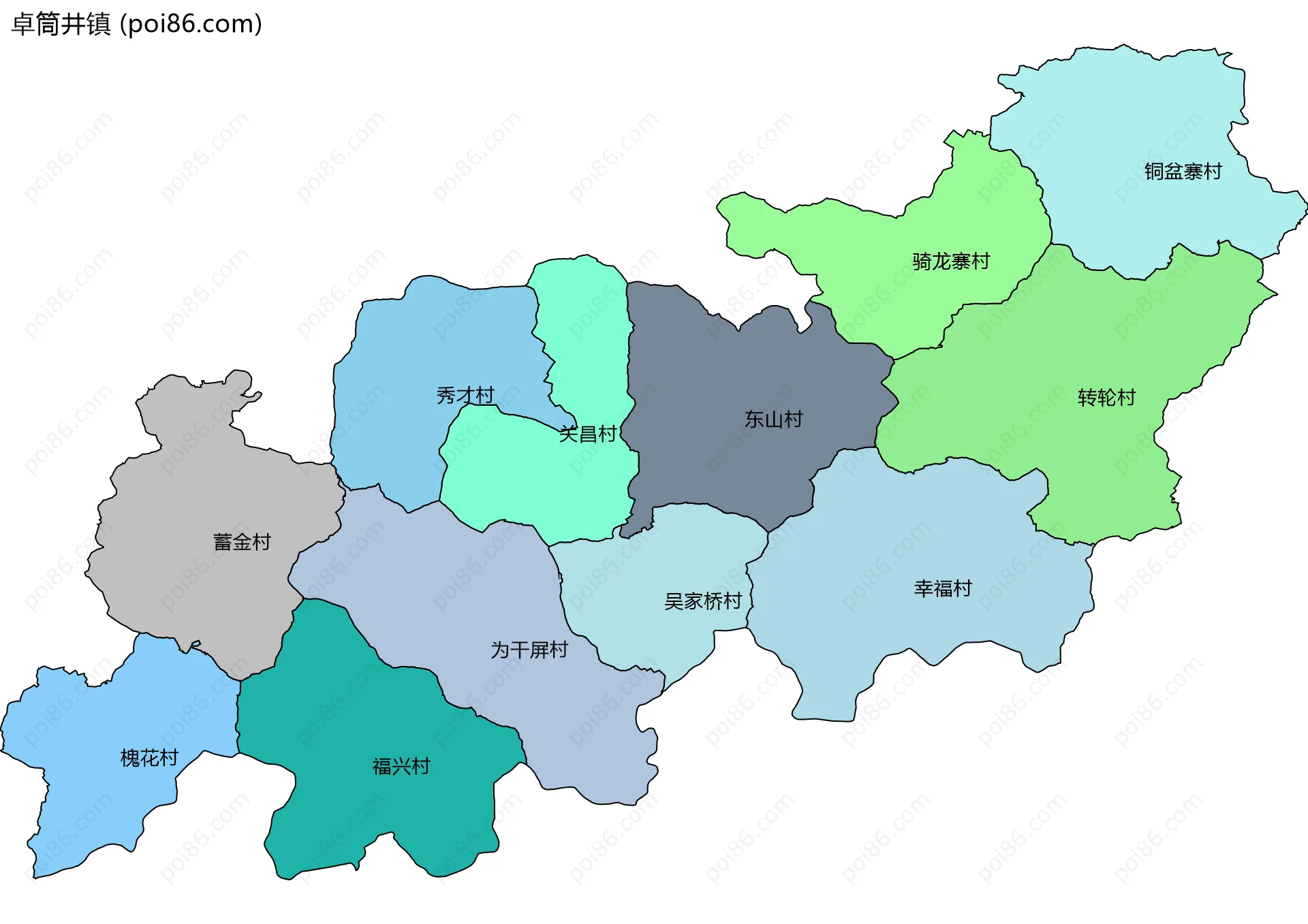 卓筒井镇边界地图(五级行政区划)