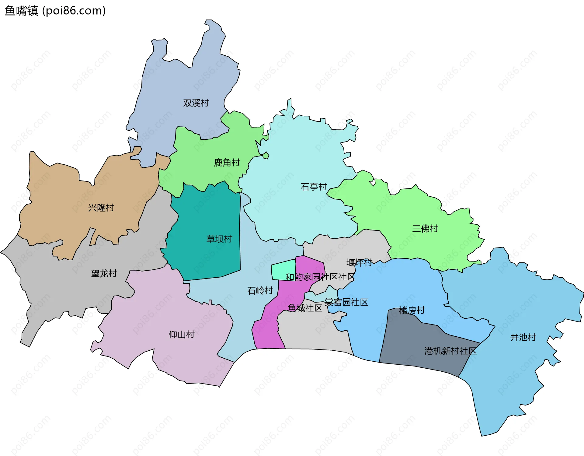 鱼嘴镇边界地图(五级行政区划)