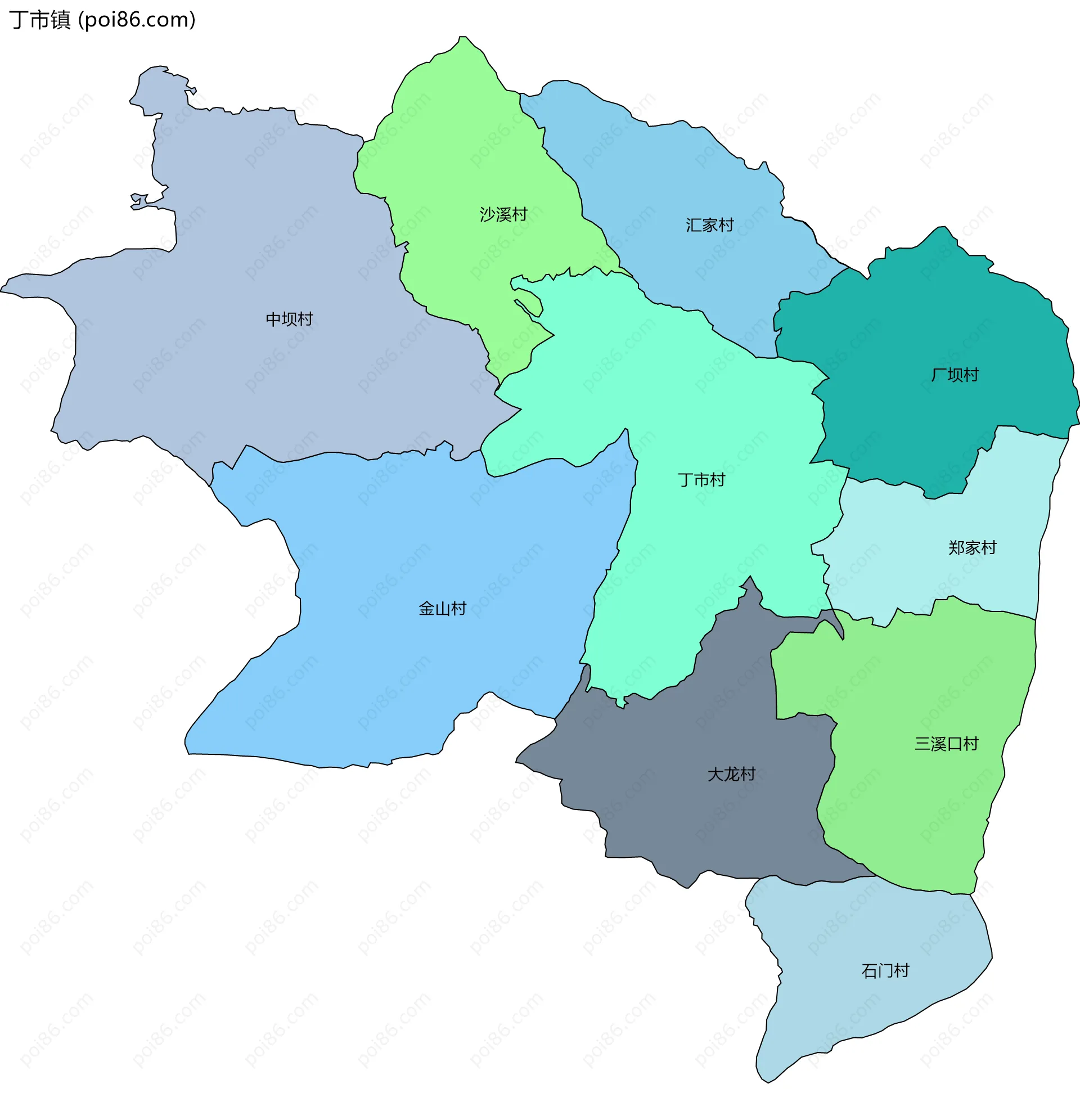 丁市镇边界地图(五级行政区划)