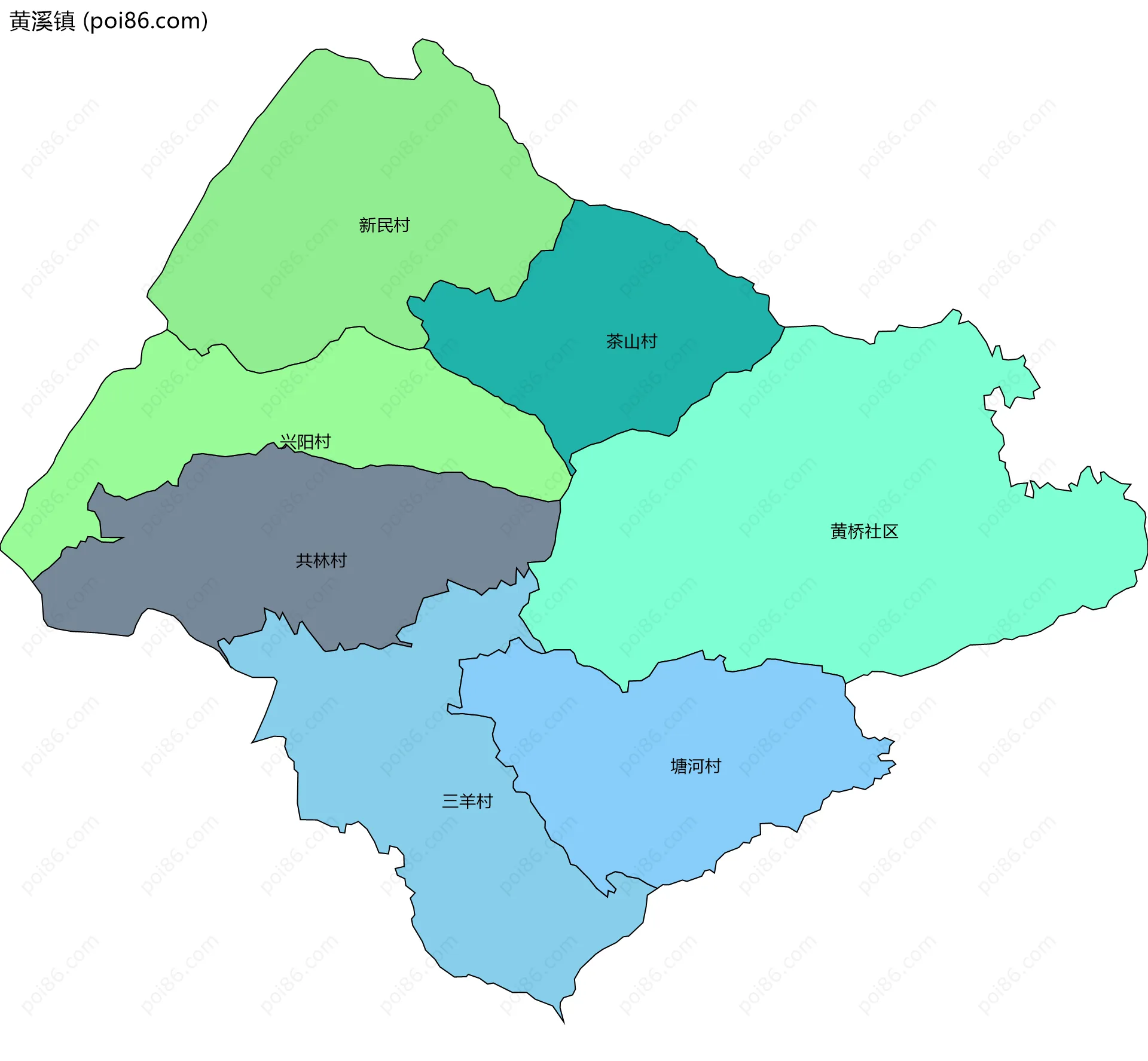 黄溪镇边界地图(五级行政区划)