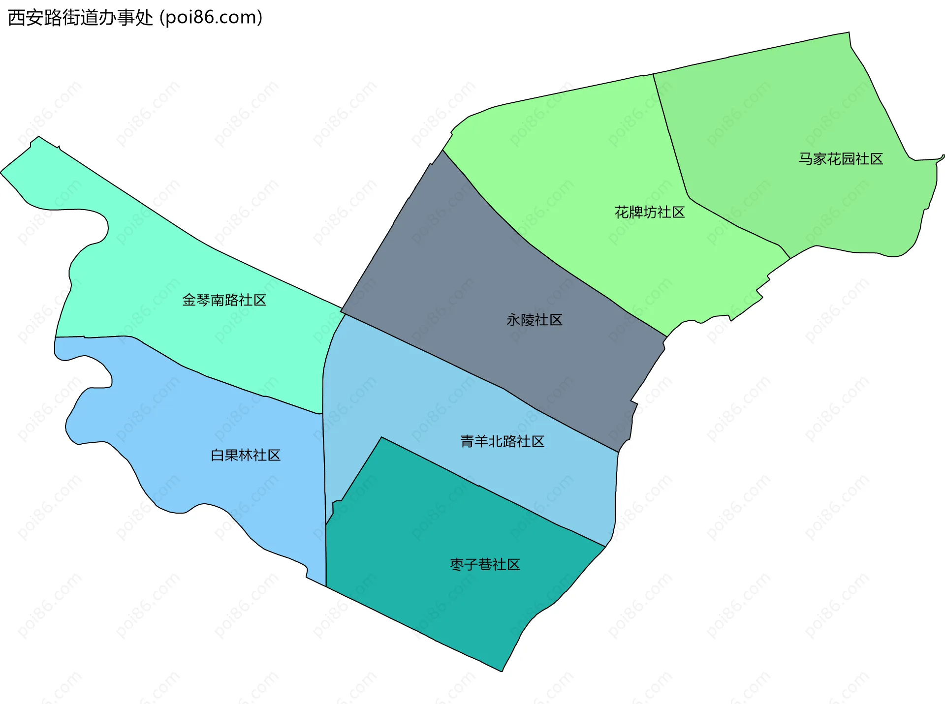 西安路街道办事处边界地图(五级行政区划)