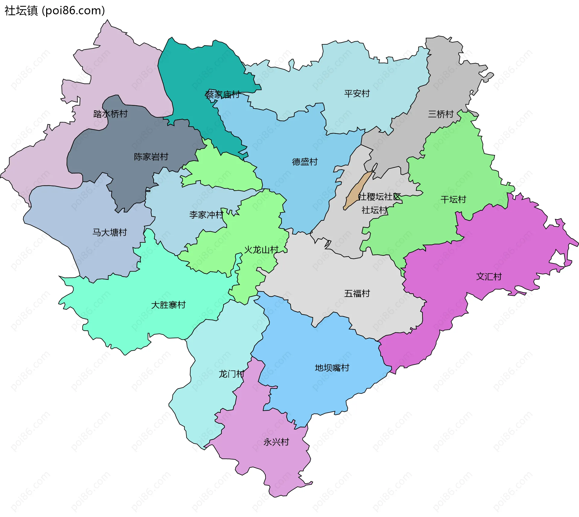 社坛镇边界地图(五级行政区划)