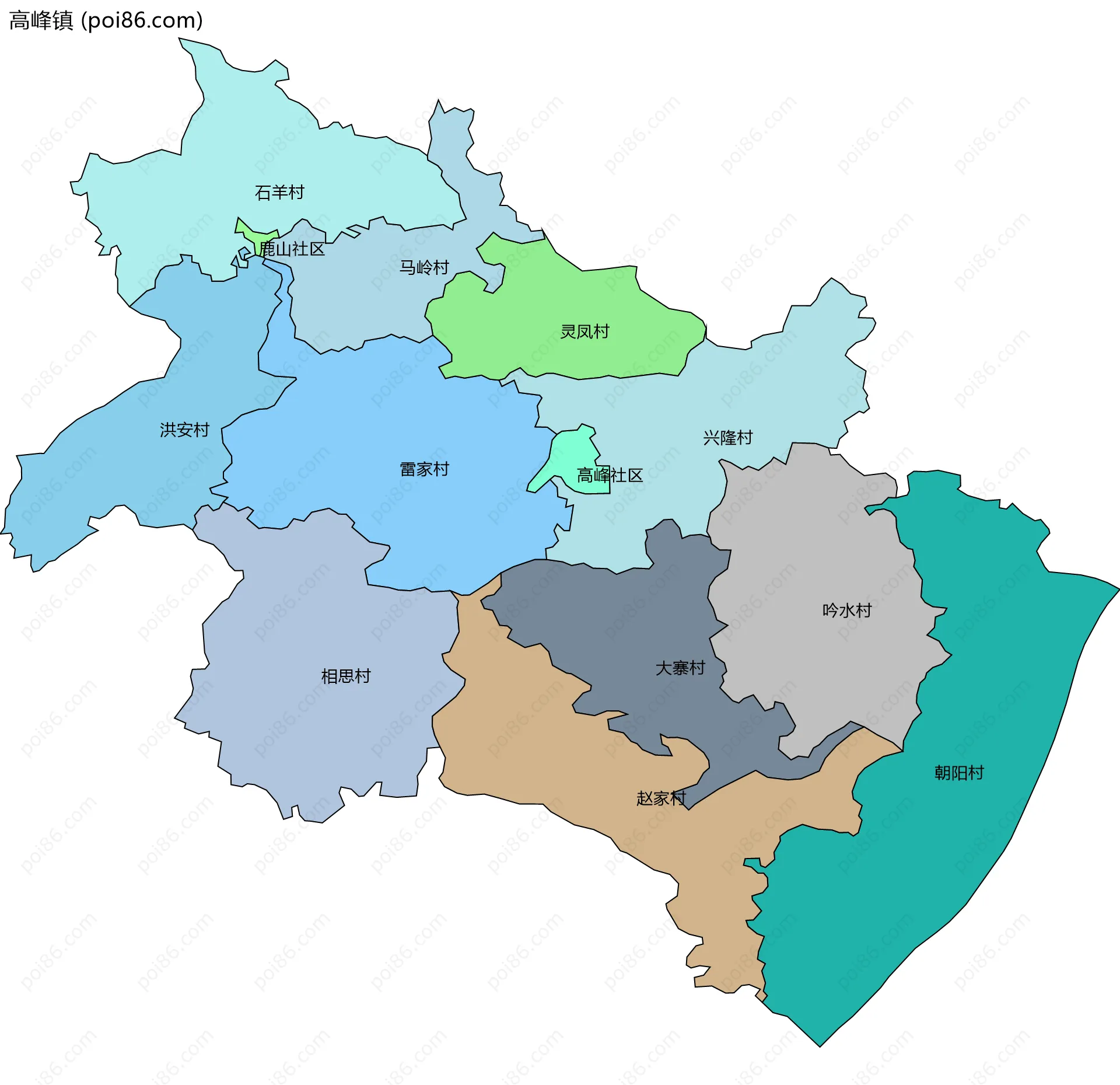 高峰镇边界地图(五级行政区划)