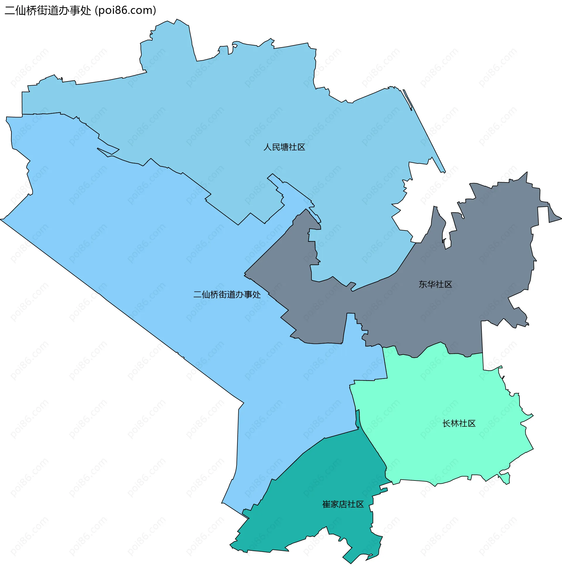 二仙桥街道办事处边界地图(五级行政区划)