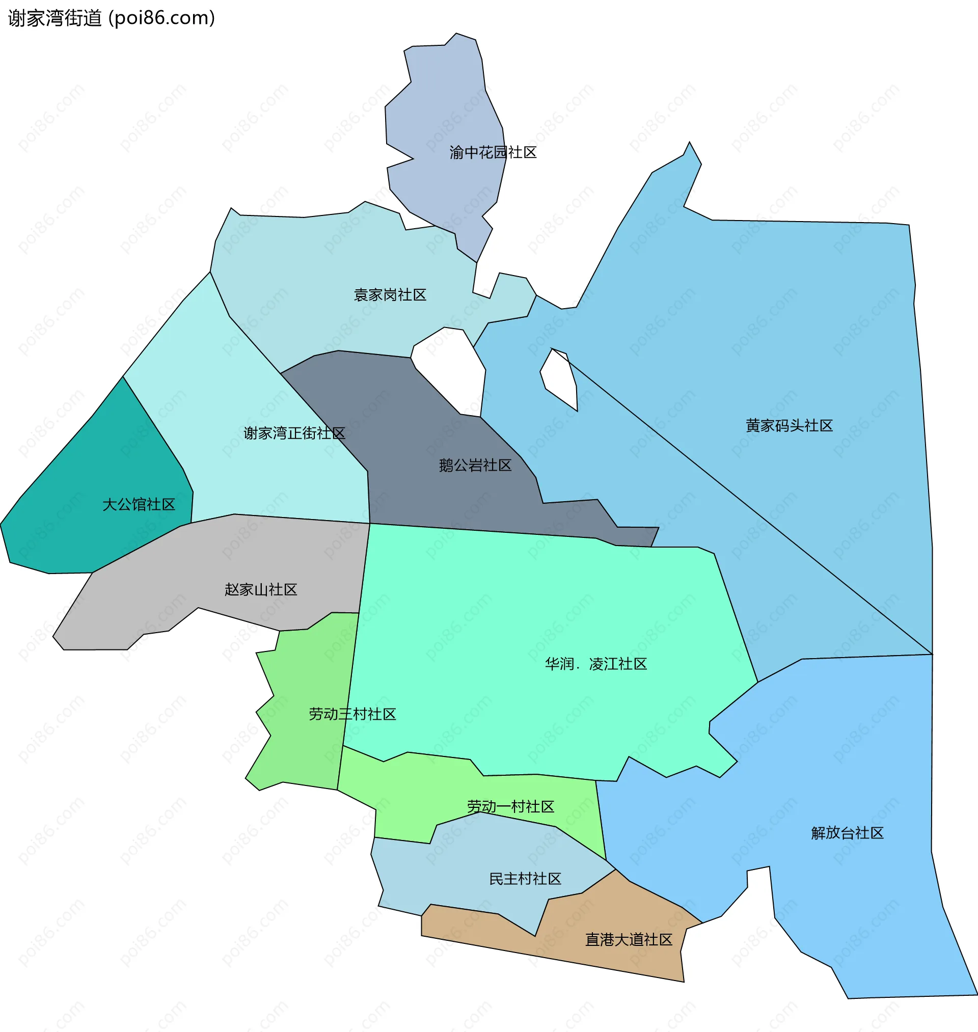 谢家湾街道边界地图(五级行政区划)