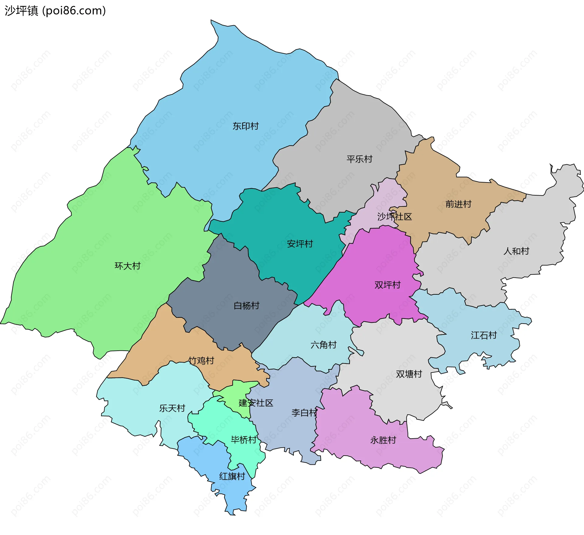 沙坪镇边界地图(五级行政区划)