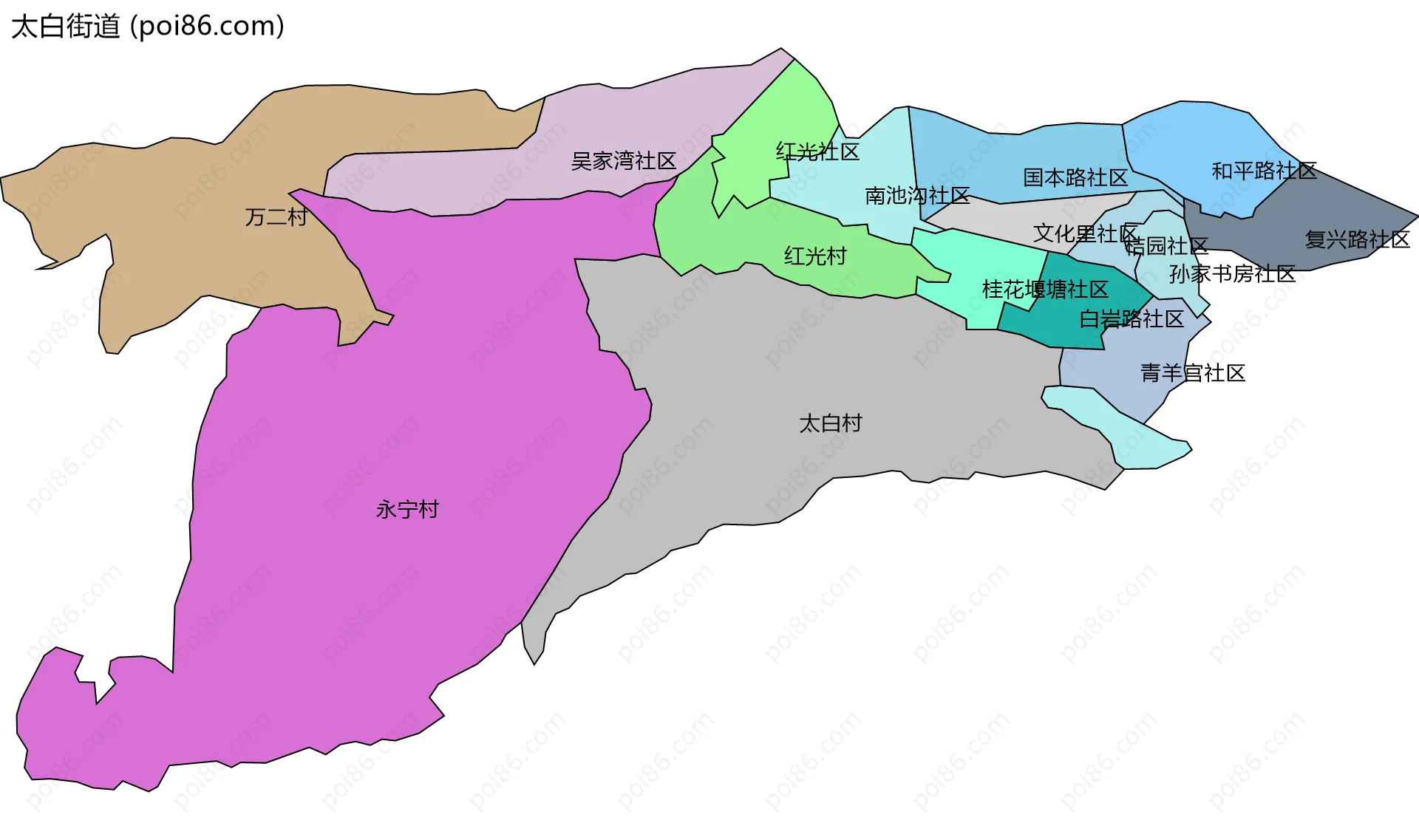 太白街道边界地图(五级行政区划)