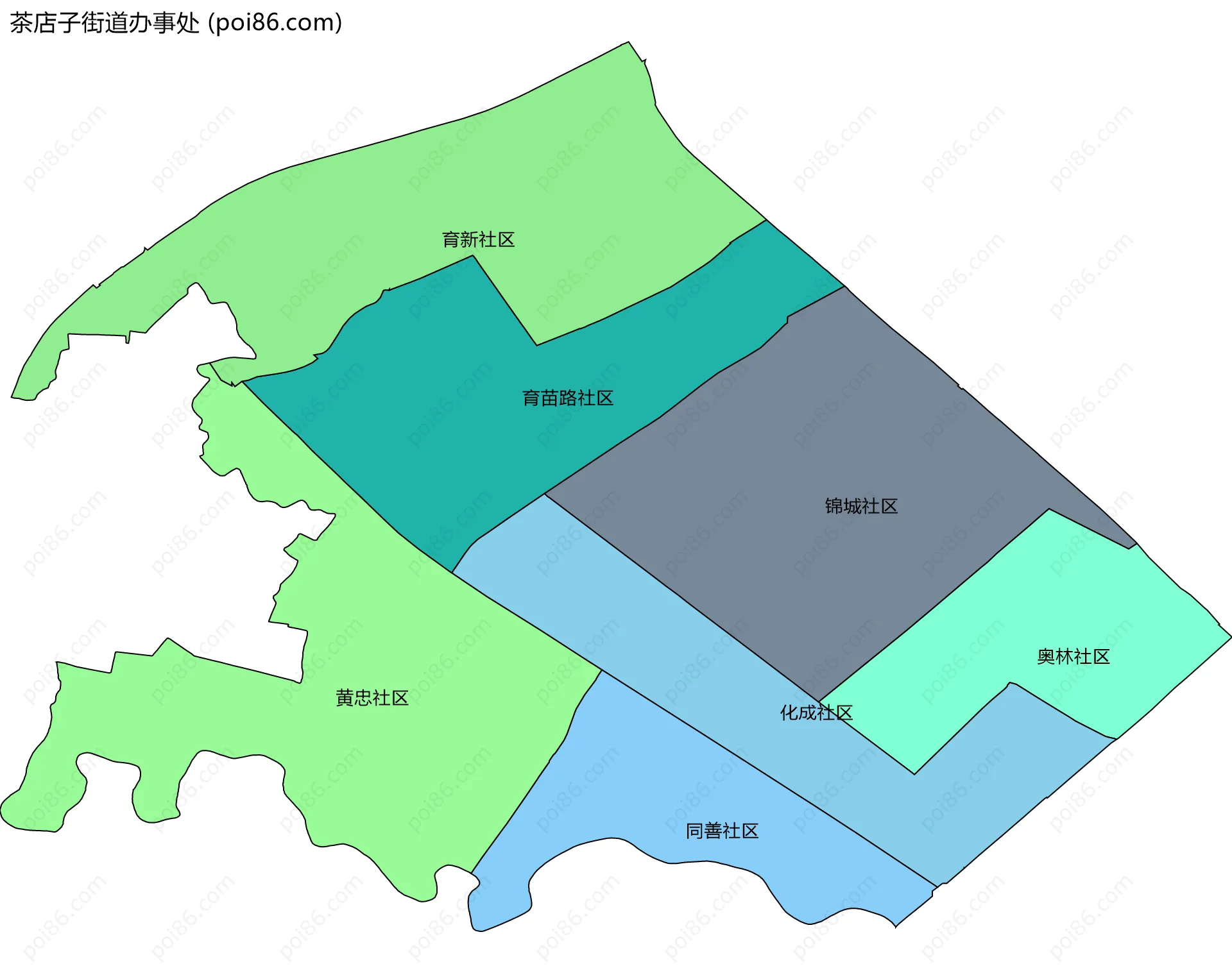 茶店子街道办事处边界地图(五级行政区划)