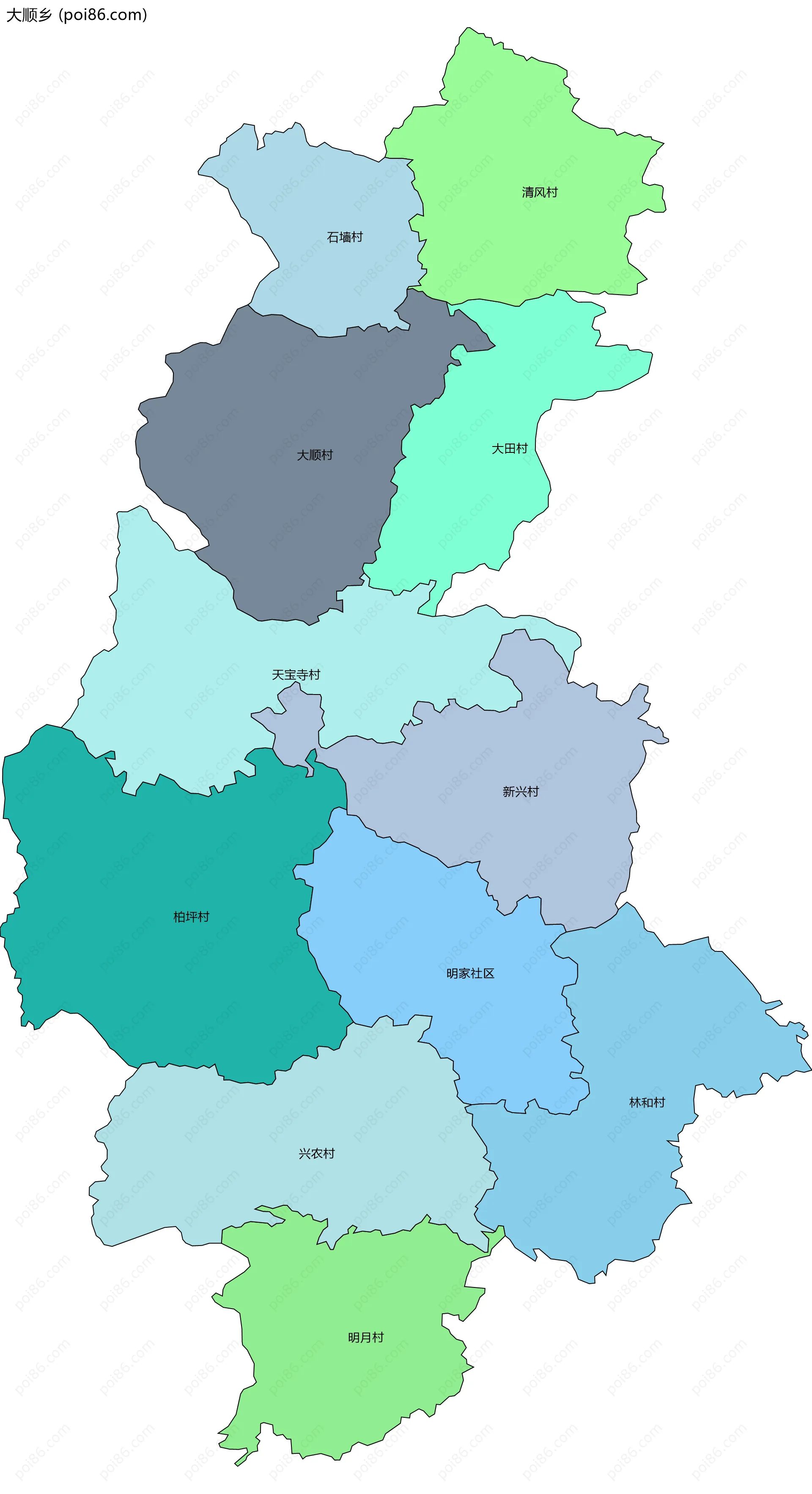 大顺乡边界地图(五级行政区划)