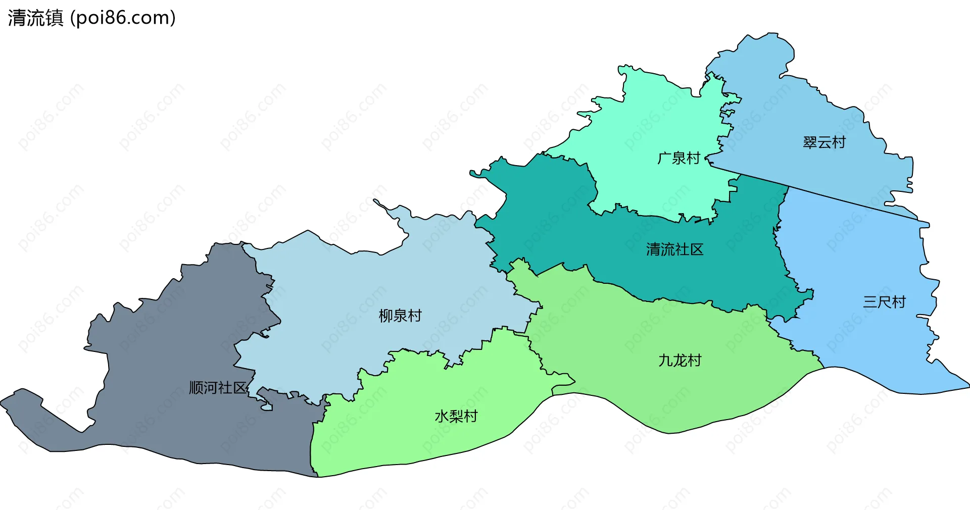 清流镇边界地图(五级行政区划)
