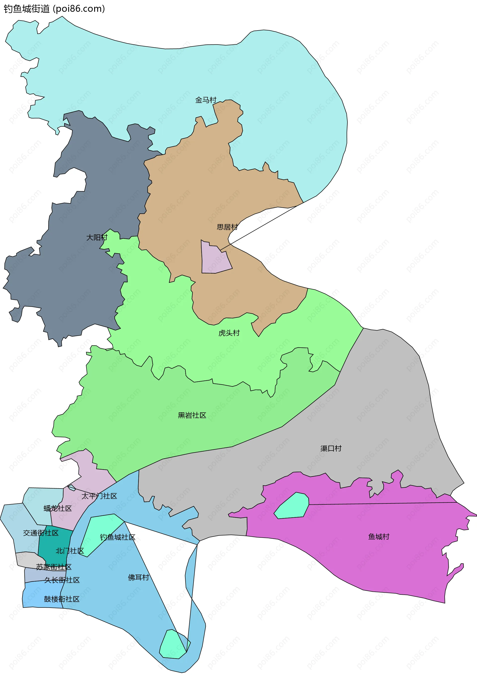 钓鱼城街道边界地图(五级行政区划)