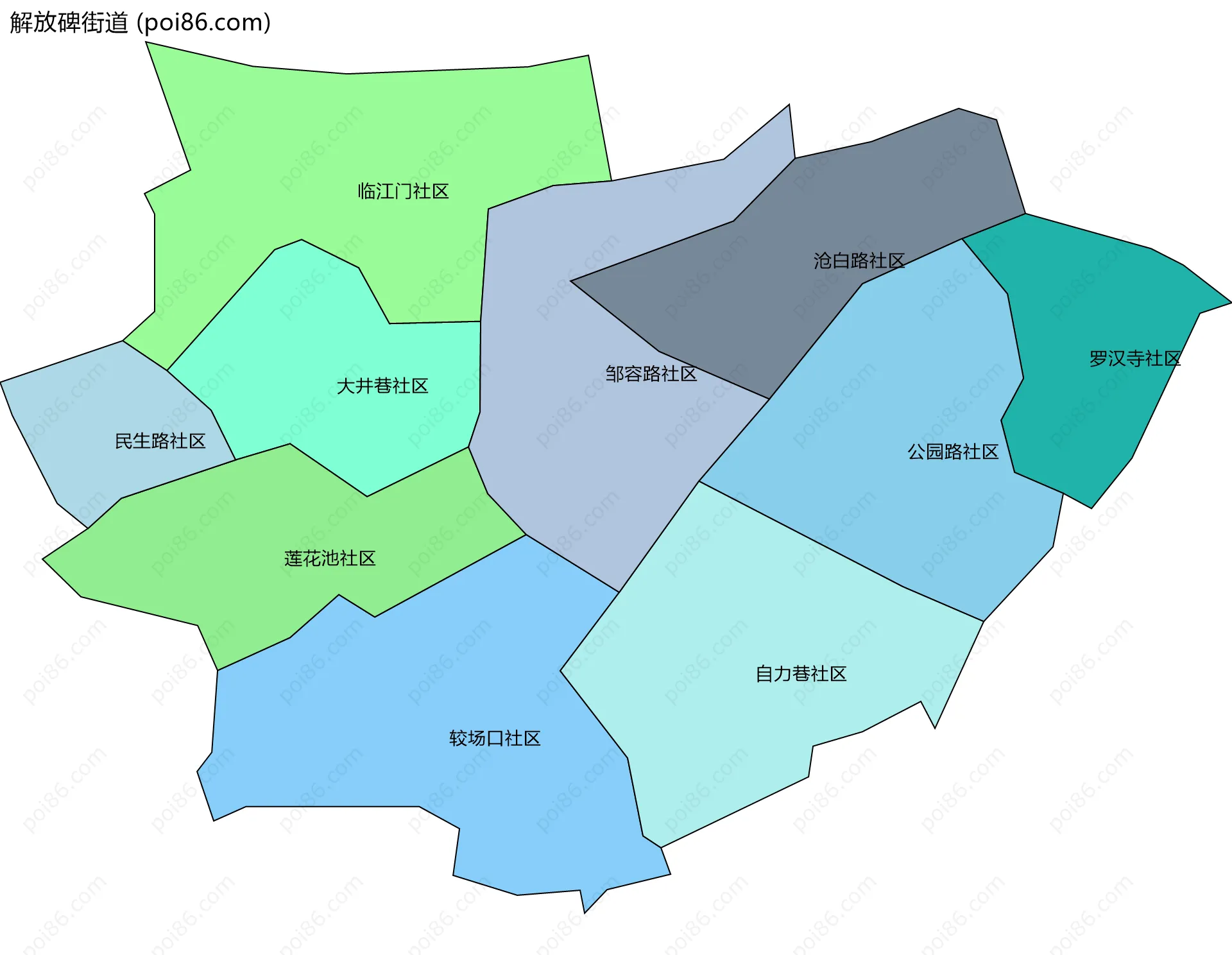 解放碑街道边界地图(五级行政区划)