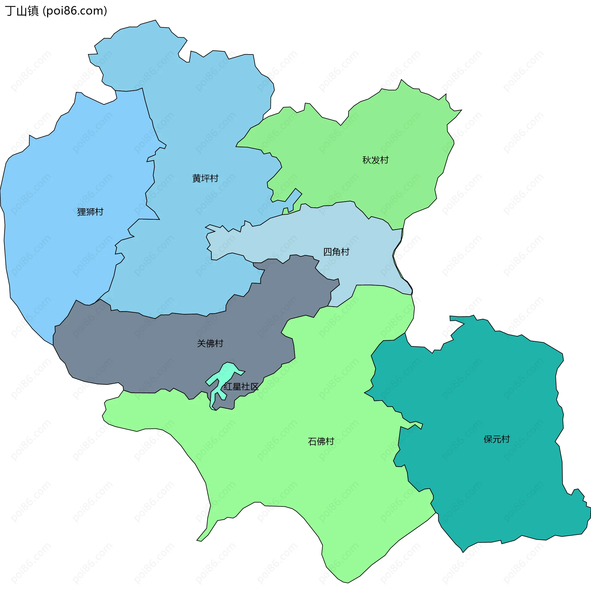 丁山镇边界地图(五级行政区划)