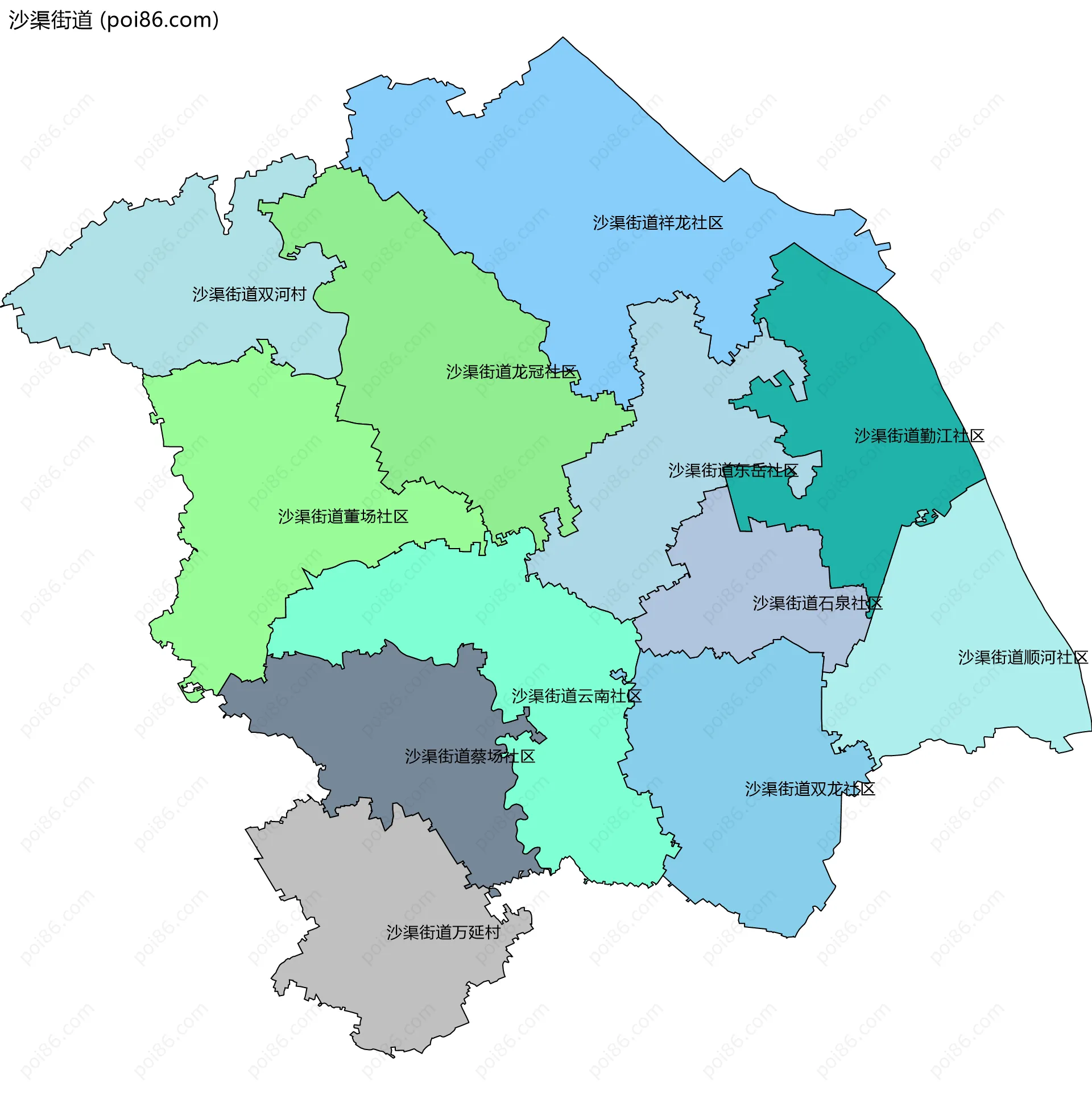 沙渠街道边界地图(五级行政区划)