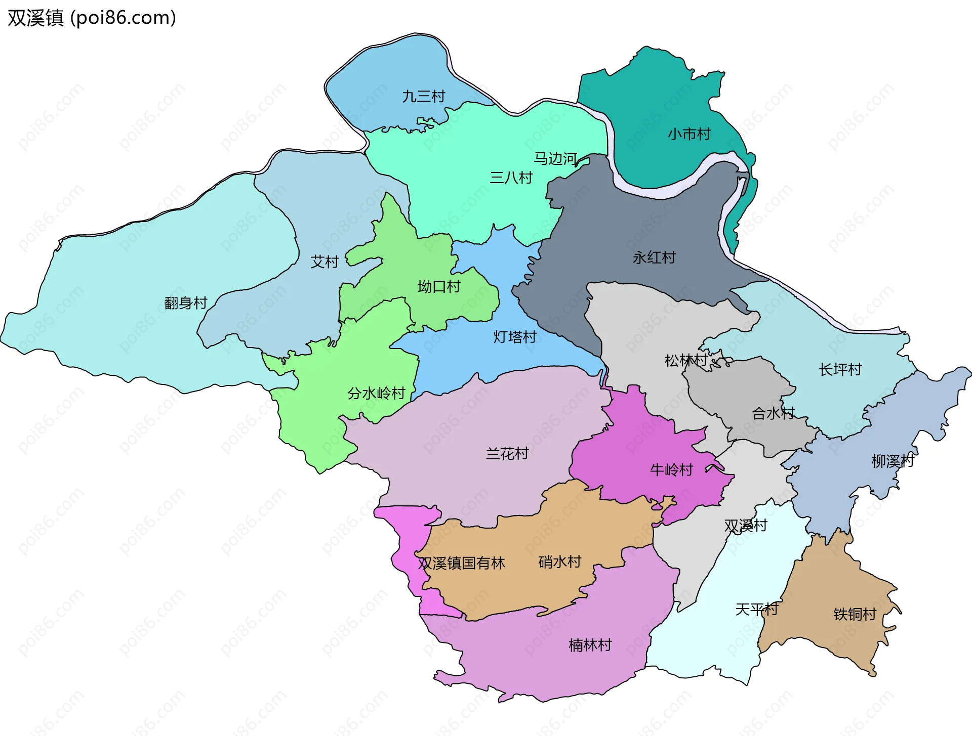 双溪镇边界地图(五级行政区划)