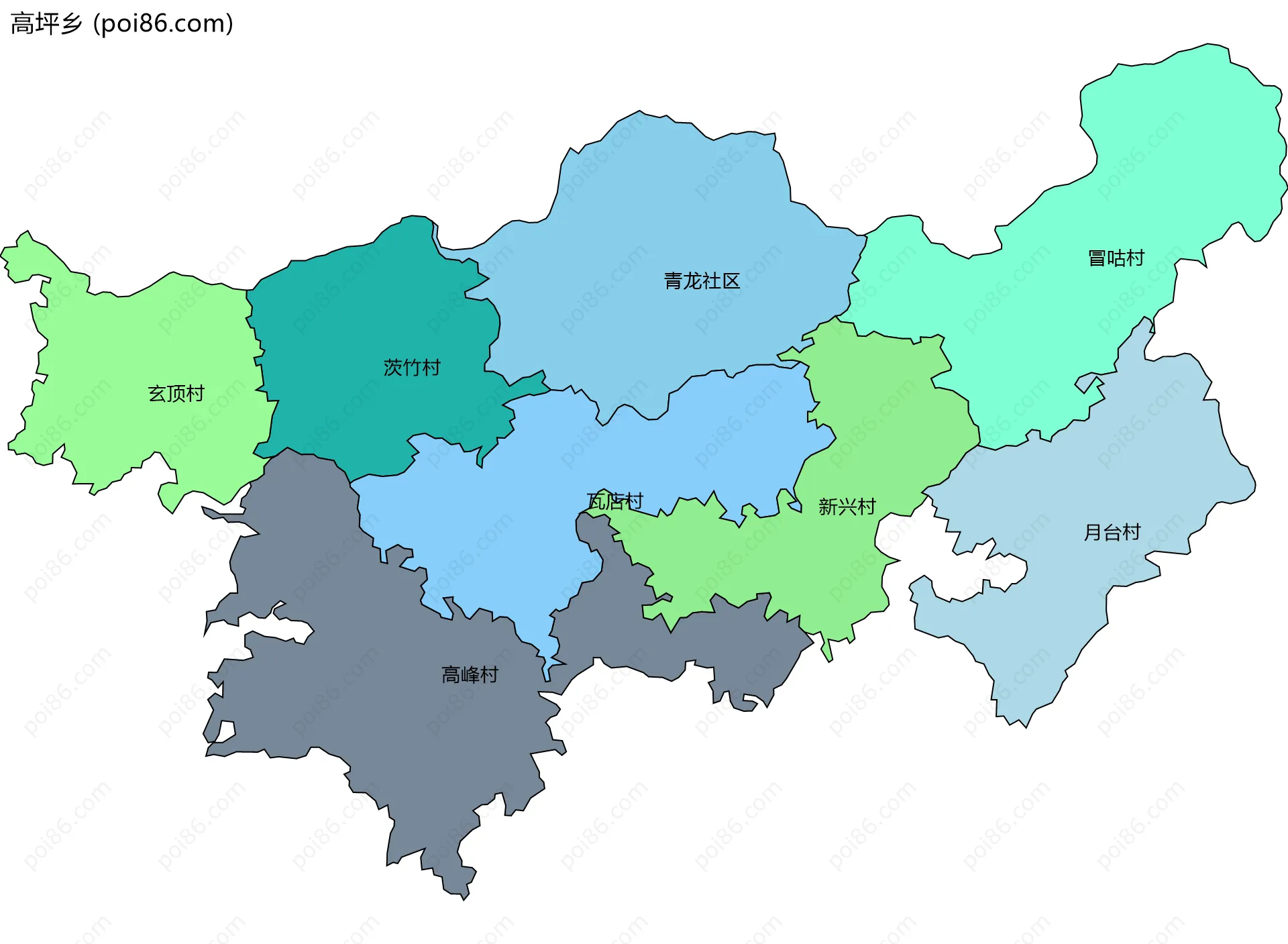 高坪乡边界地图(五级行政区划)