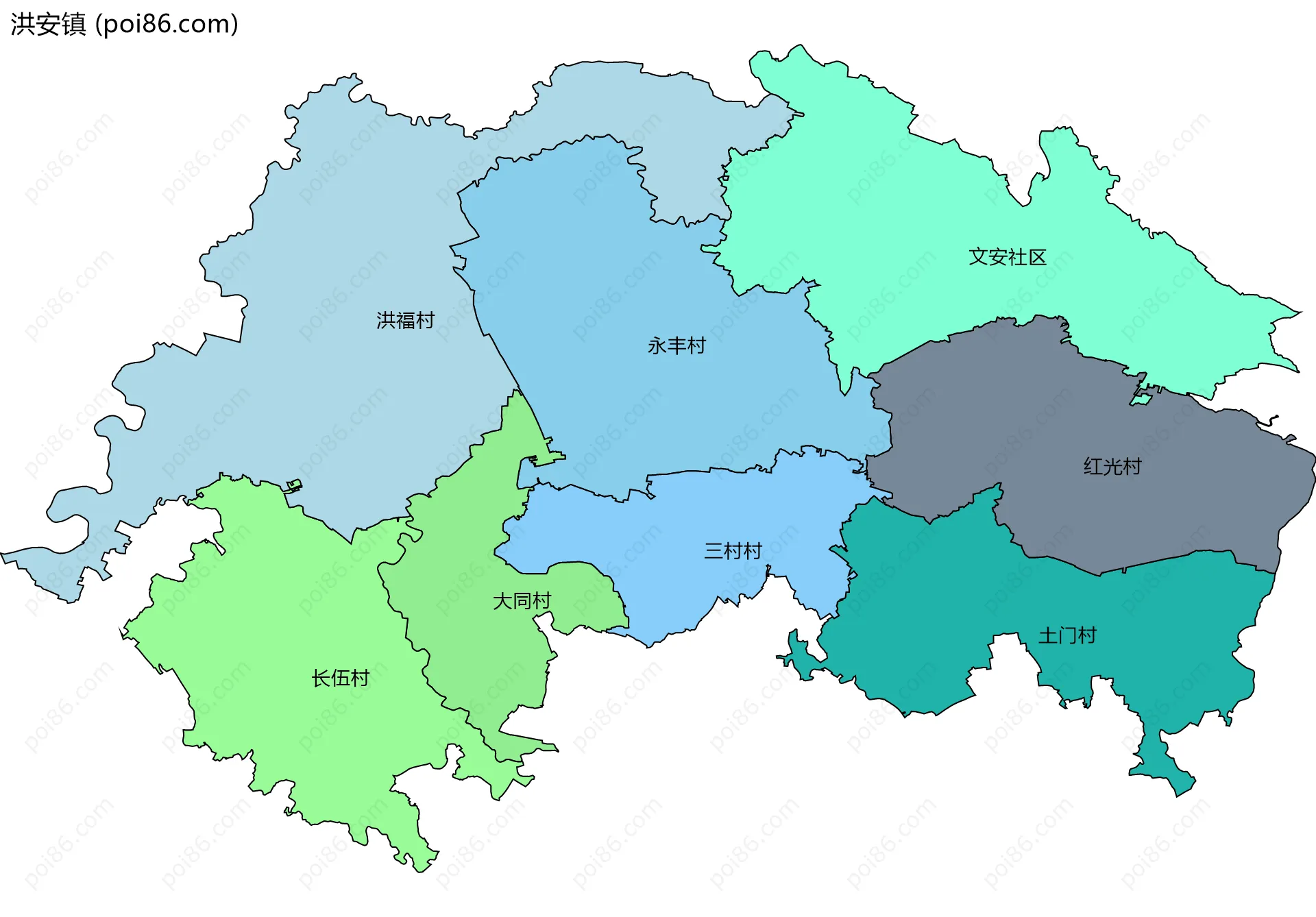 洪安镇边界地图(五级行政区划)
