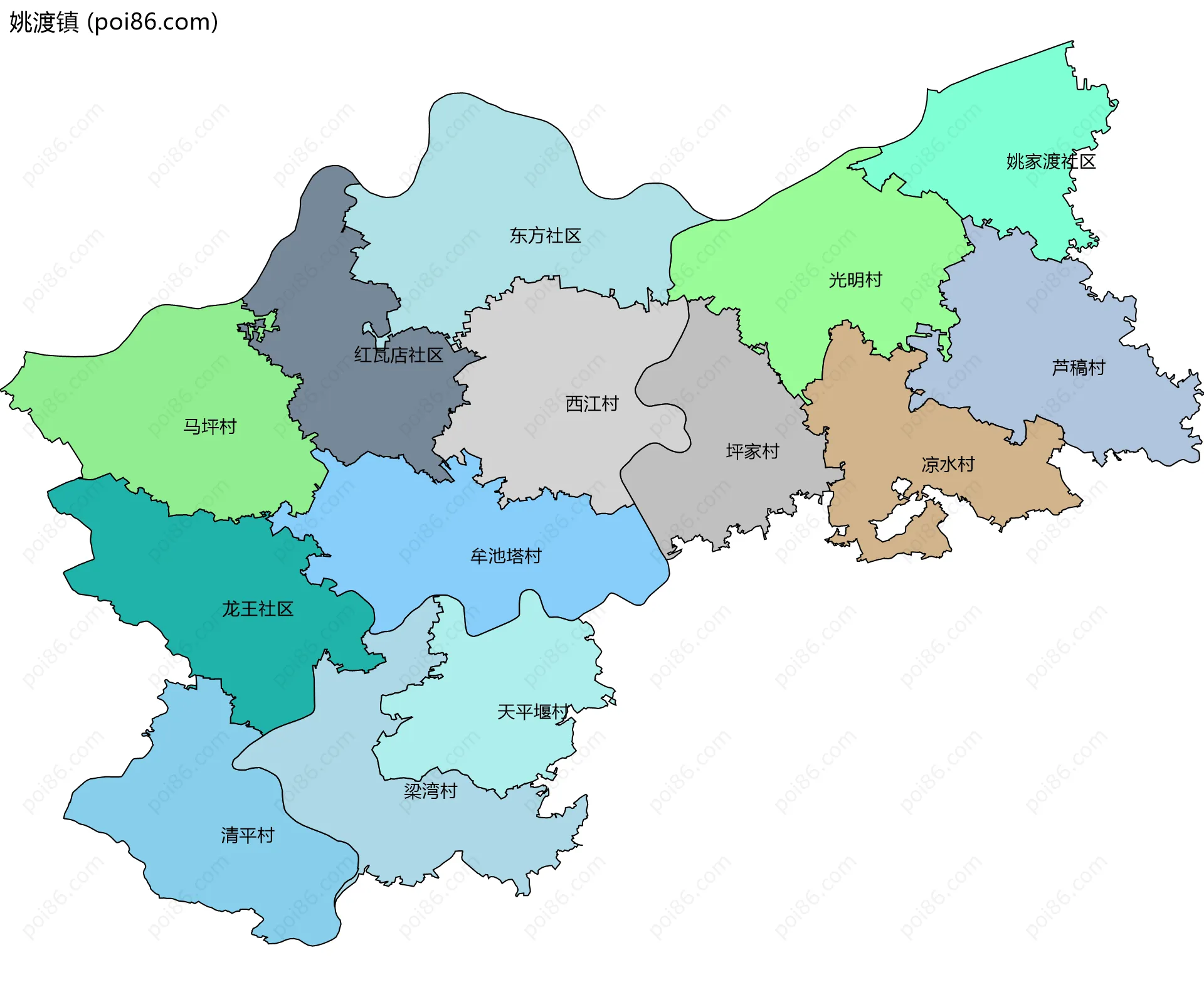 姚渡镇边界地图(五级行政区划)