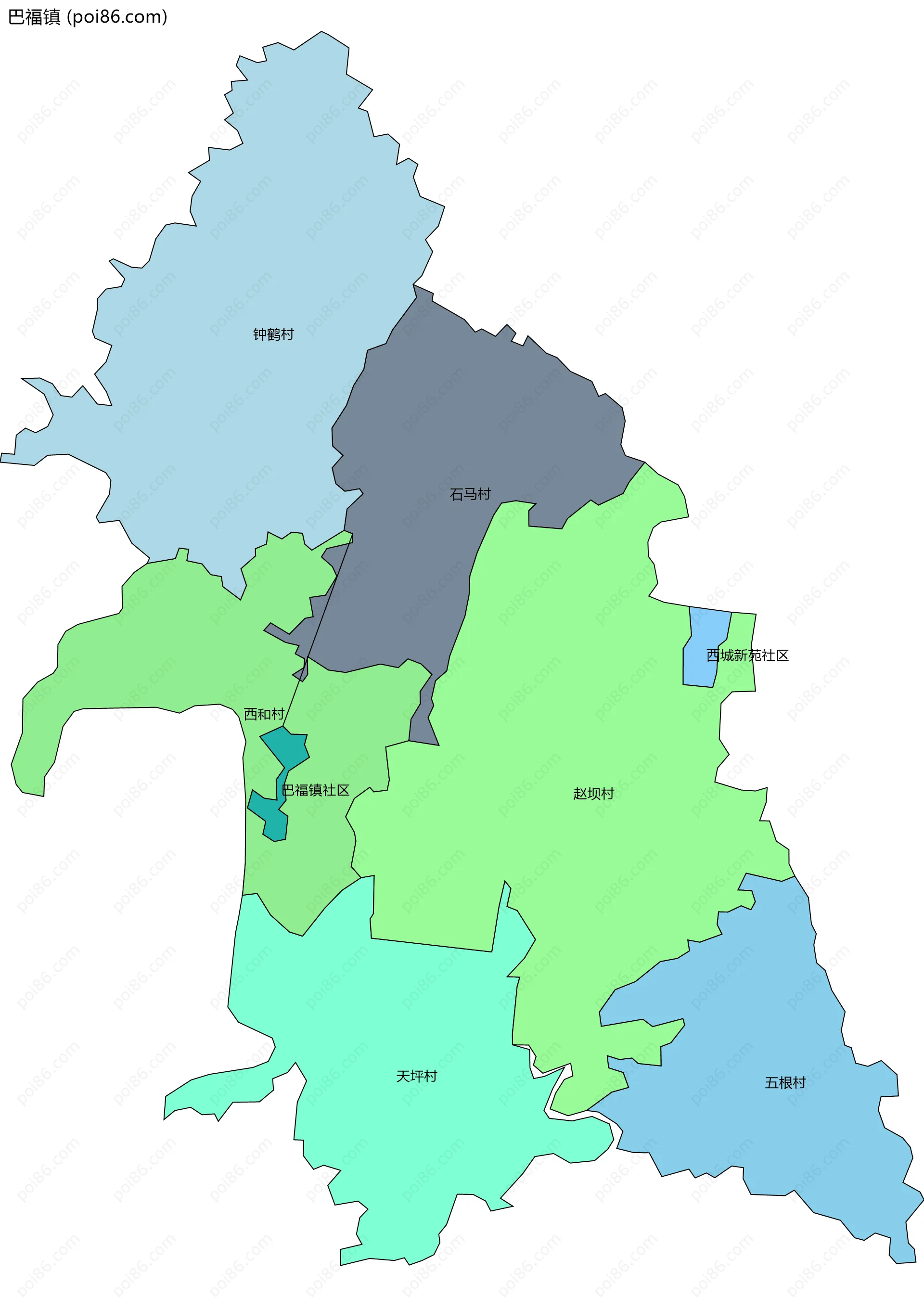 巴福镇边界地图(五级行政区划)