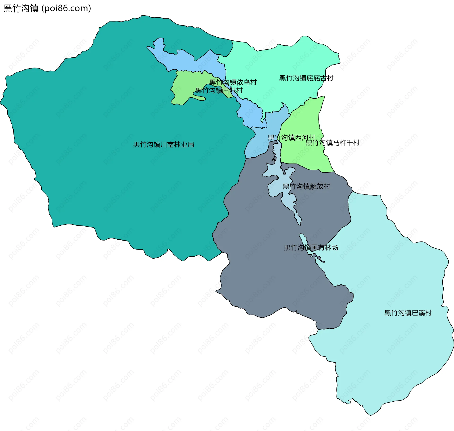 黑竹沟镇边界地图(五级行政区划)
