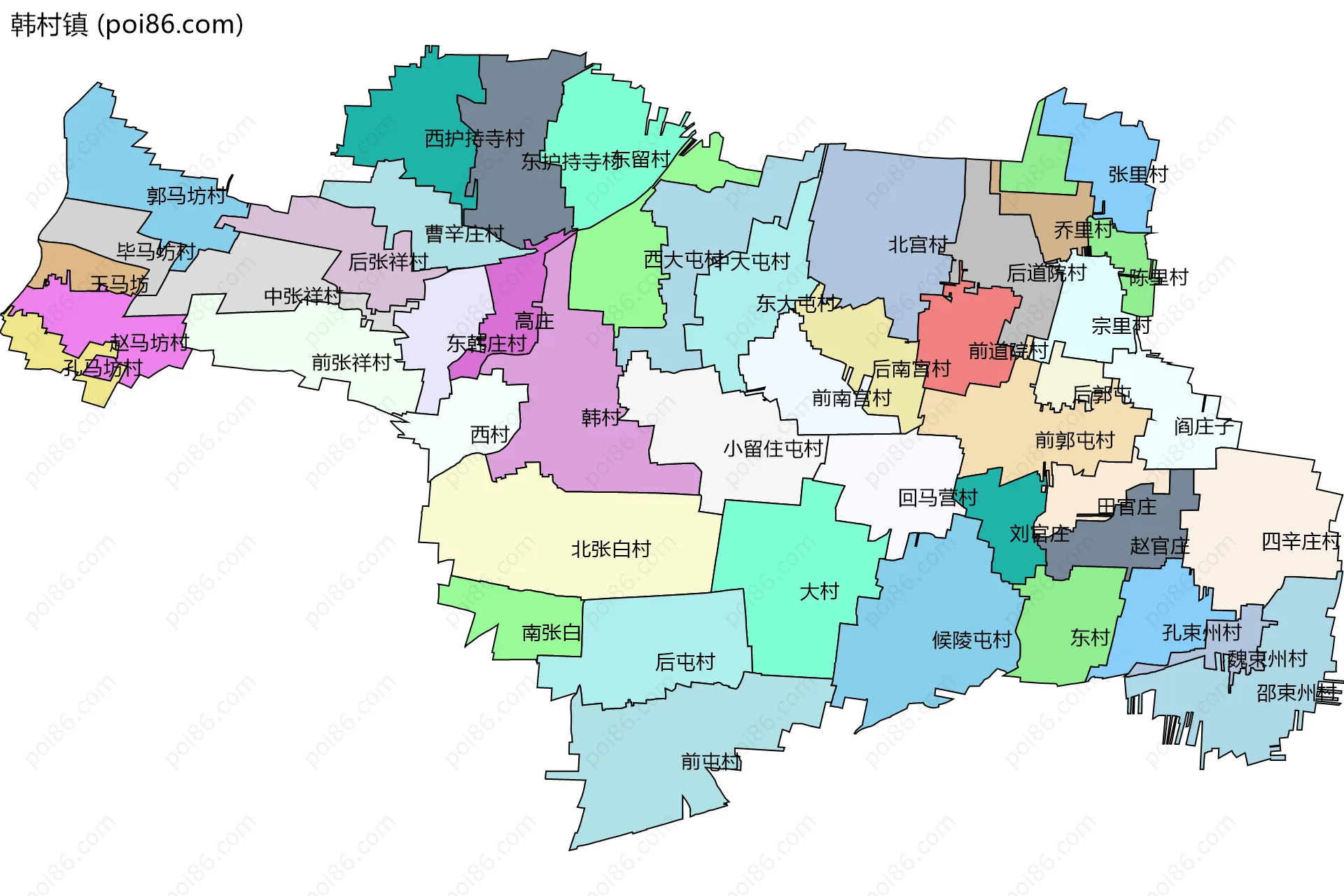 韩村镇边界地图(五级行政区划)