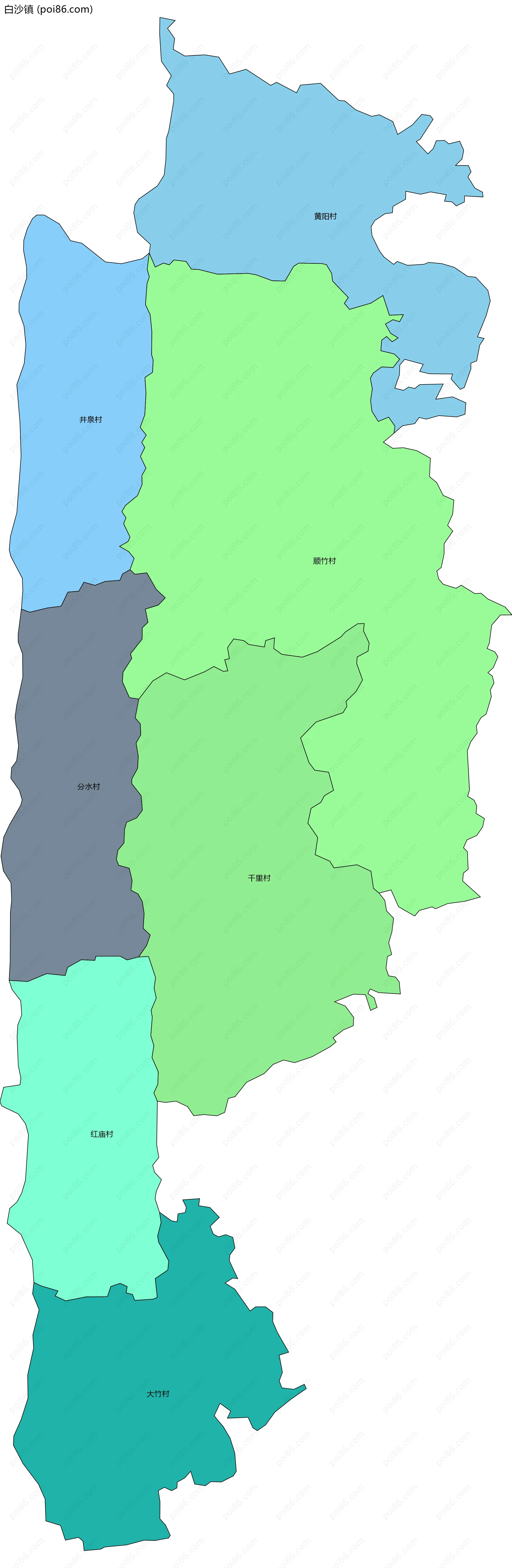 白沙镇边界地图(五级行政区划)