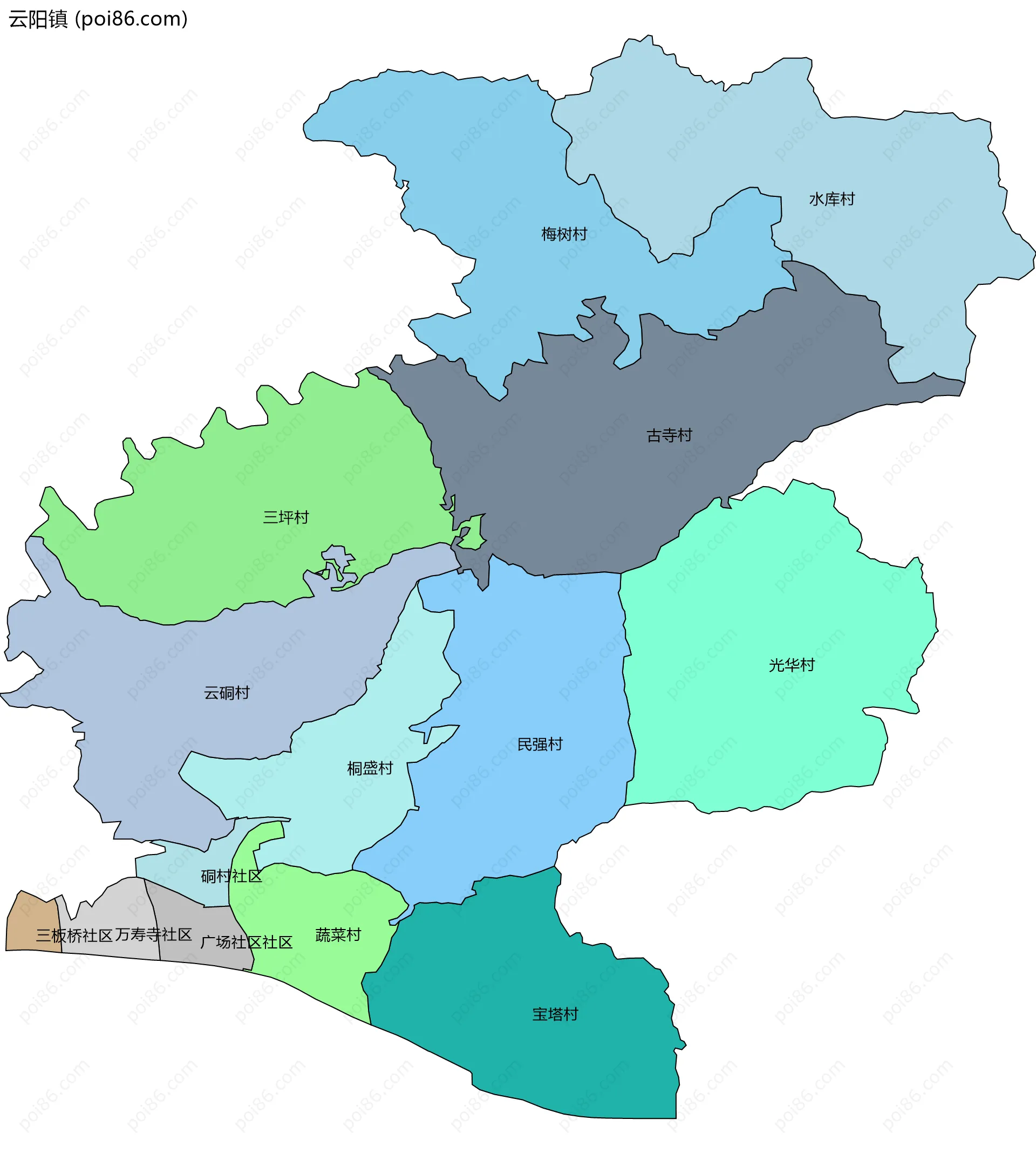 云阳镇边界地图(五级行政区划)