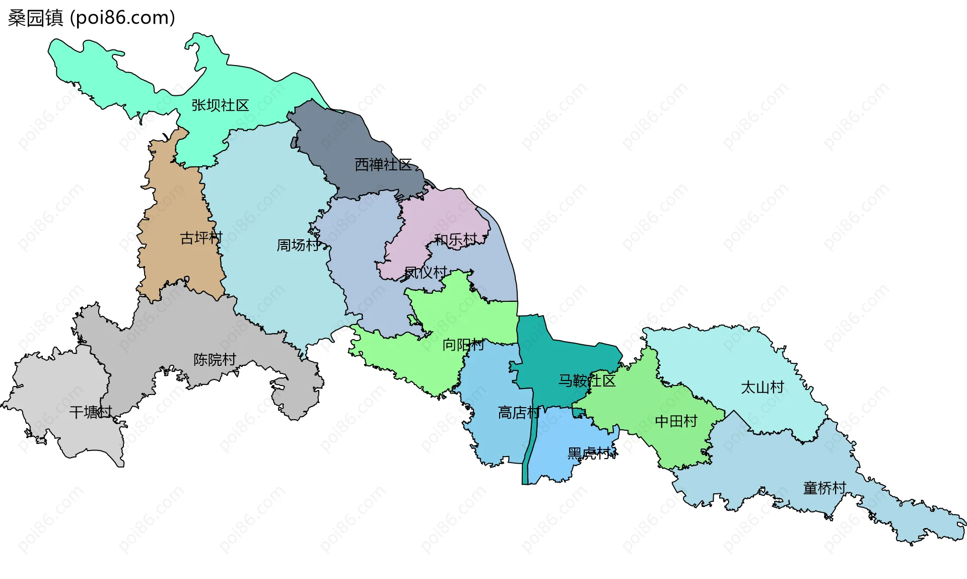 桑园镇边界地图(五级行政区划)